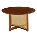 Mid Century Wooden Coffee Table With Pe Cane Stand, 31.5 Inch Round Solid Wood Bohemian Style Coffee Table, Unique Central Cocktail Table For Living Rooms, Apartments And Offices Walnut Rubber Wood