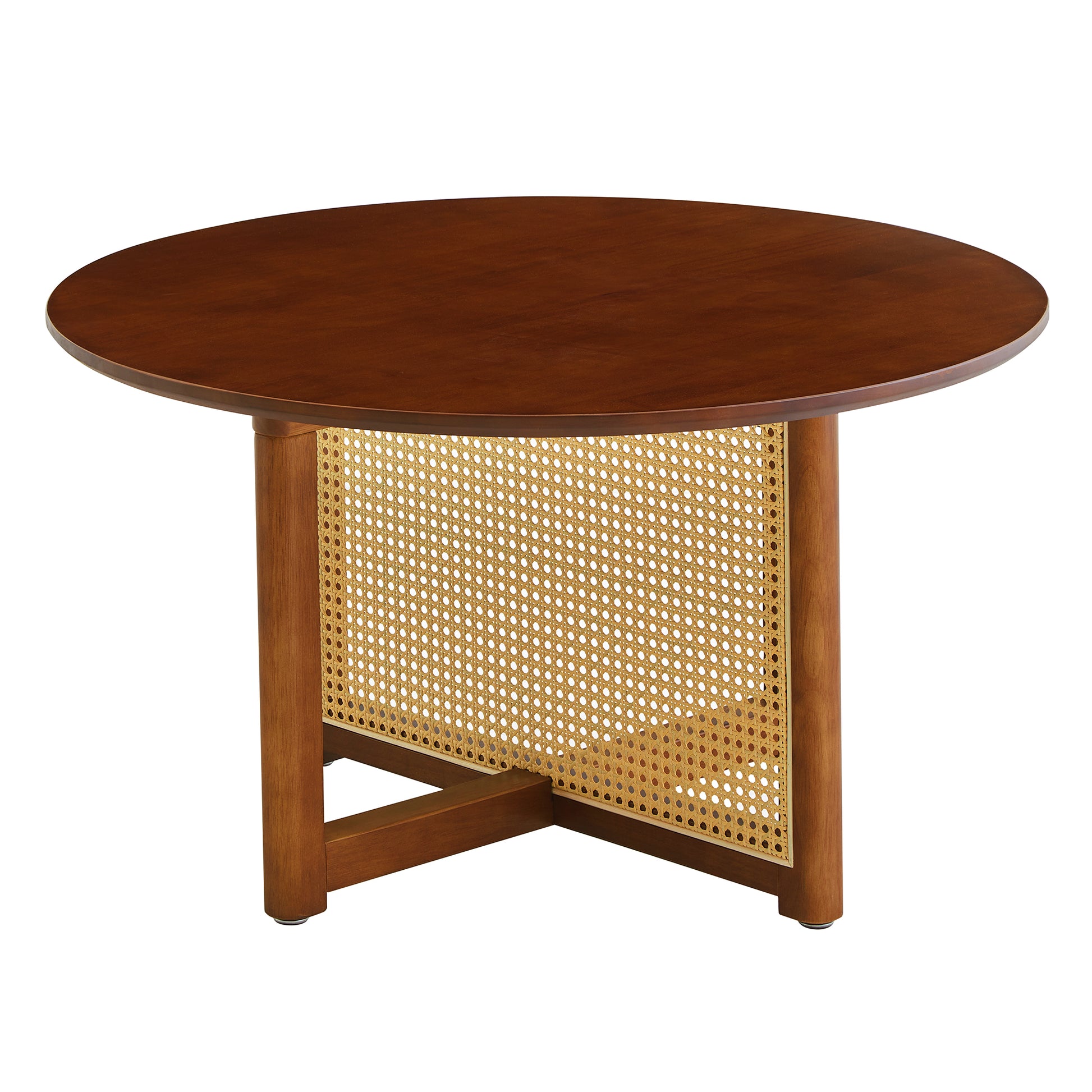 Mid Century Wooden Coffee Table With Pe Cane Stand, 31.5 Inch Round Solid Wood Bohemian Style Coffee Table, Unique Central Cocktail Table For Living Rooms, Apartments And Offices Walnut Rubber Wood