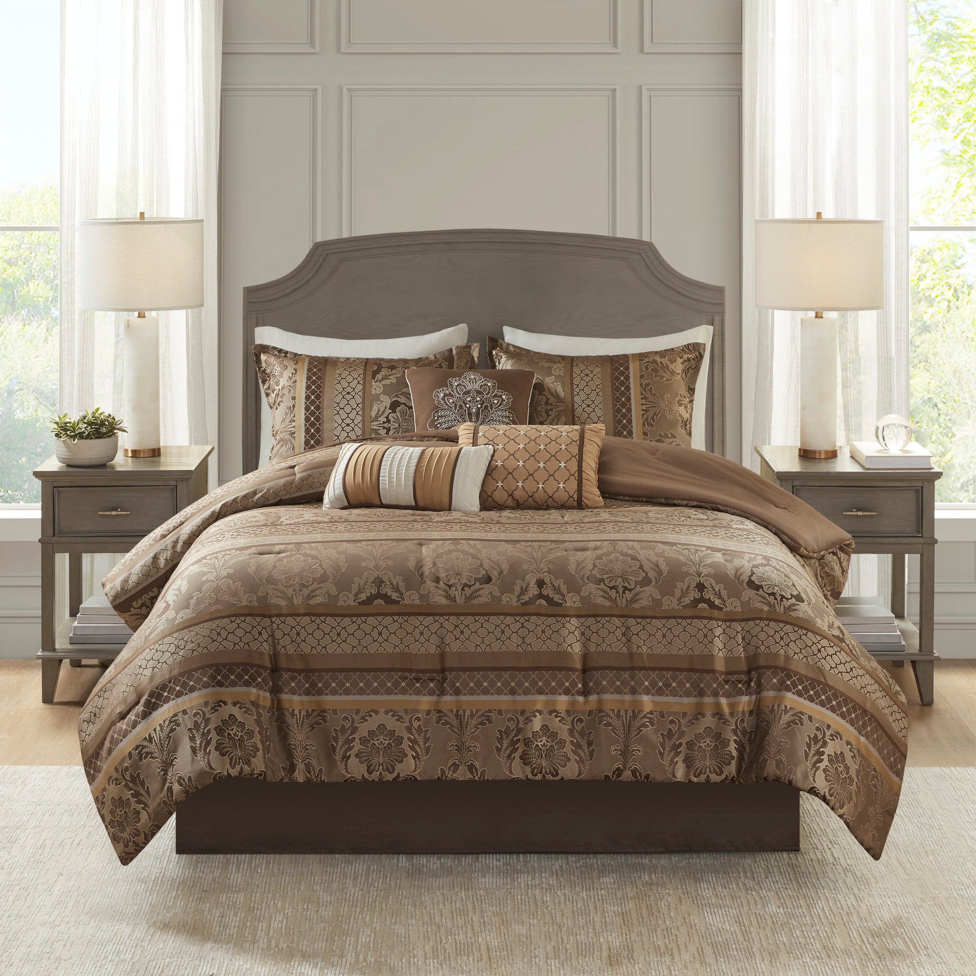 7 Piece Jacquard Comforter Set Brown Gold King King Brown Gold Polyester