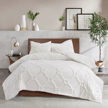 3 Piece Tufted Cotton Chenille Geometric Comforter Set Off White Full Queen Full Off White Cotton