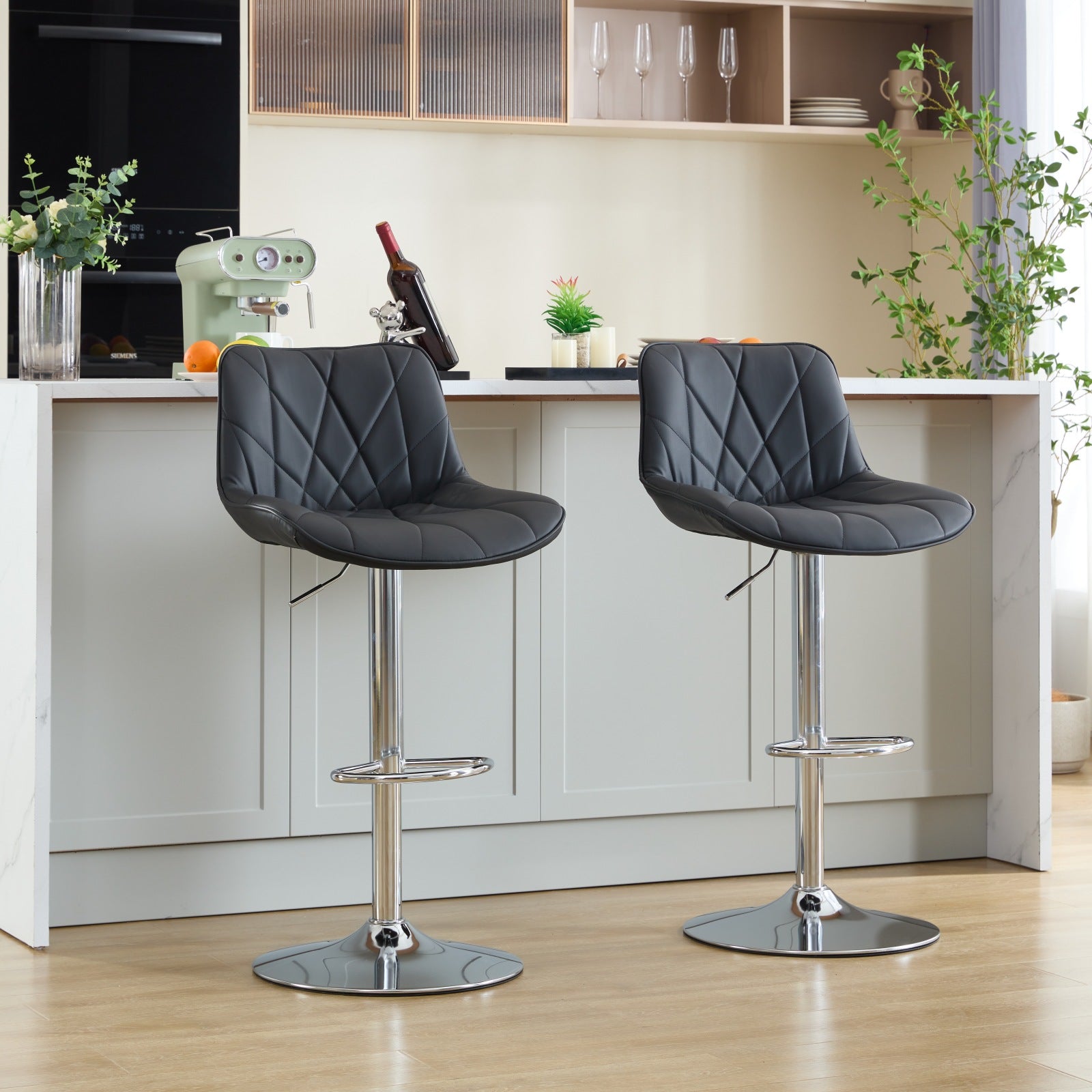 Counter Height Bar Stools Kitchen Island Barstools Adjustable Swivel Counter Stool Bar Height Island Chairs With Back,Set Of 2, Black Black Pu Set Of 2 Foam Pu Leather