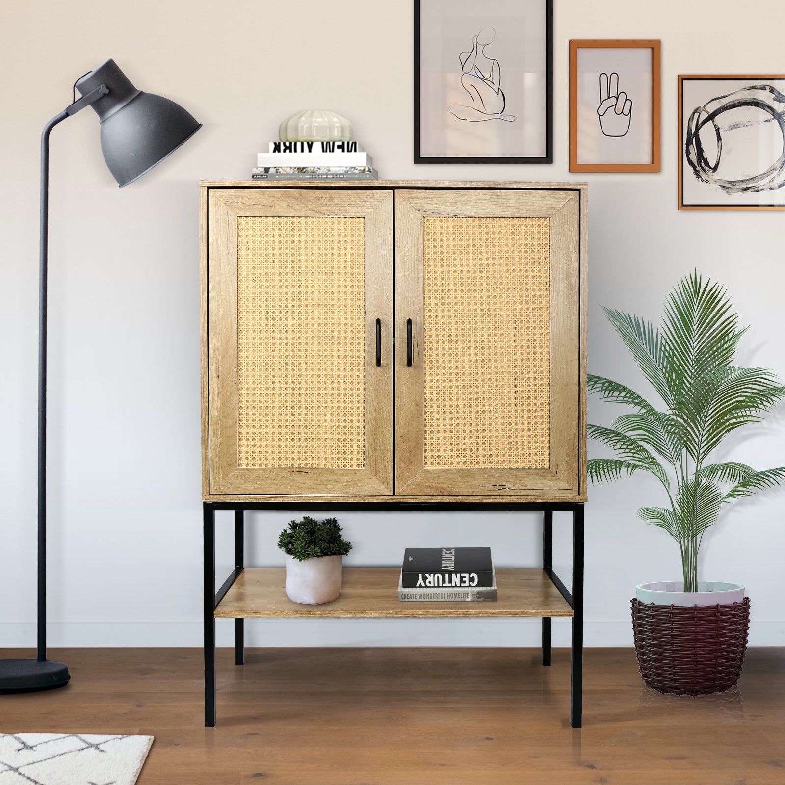 31.5 Inch Wide 2 Rattan Doors Free Standing Sideboard Storage Cabinet With One Open Bottom Shelf For Kitchen Dinning Room Living Room, Natural Color Freestanding 1 2 Shelves Natural Natural Primary Living Space Open Storage Space American Design Particle