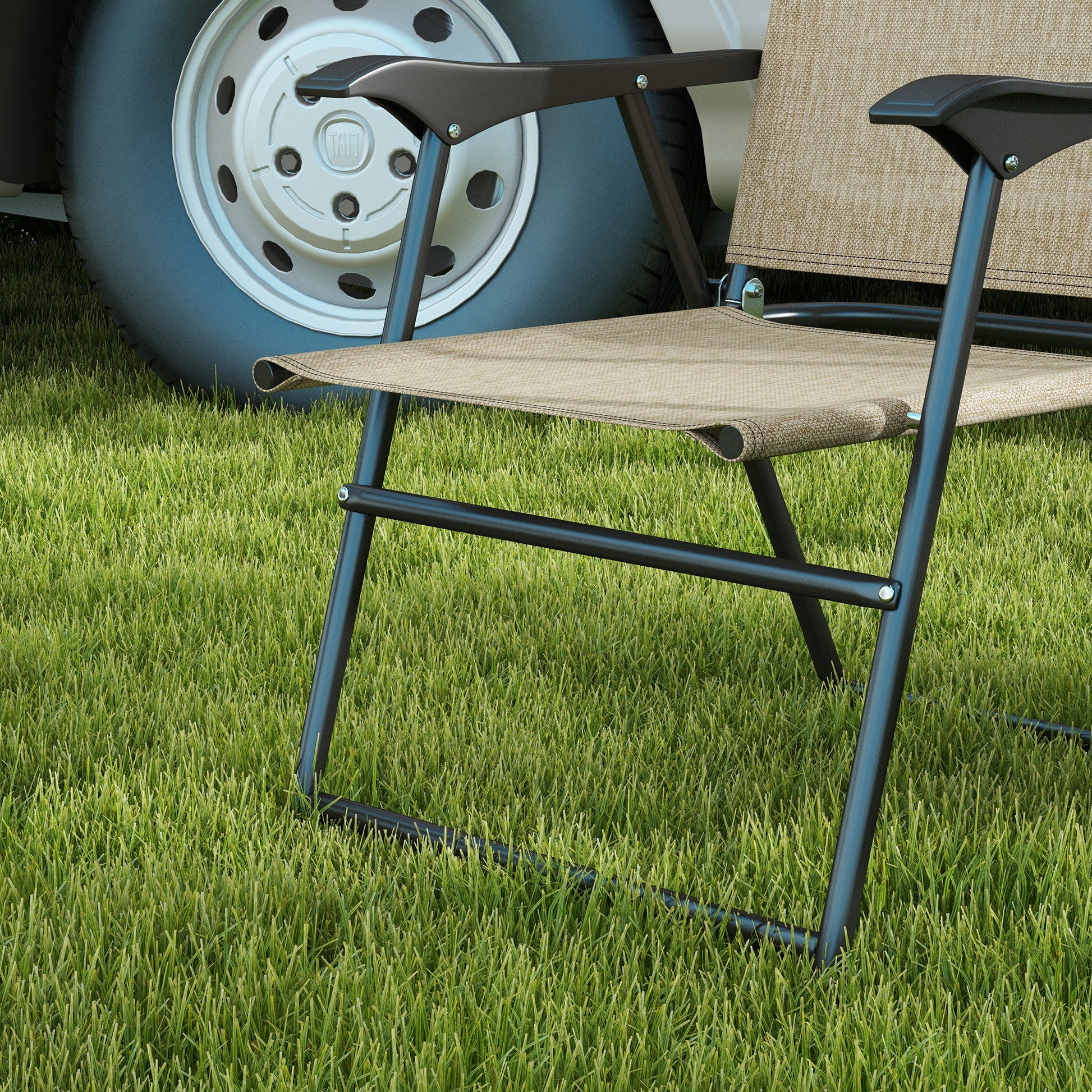 Outsunny Folding Patio Chairs, Set Of 4 Sports Chairs For Adults, Camping Chairs With Armrests,Mesh Fabric Seat For Lawn, Beige Beige Metal