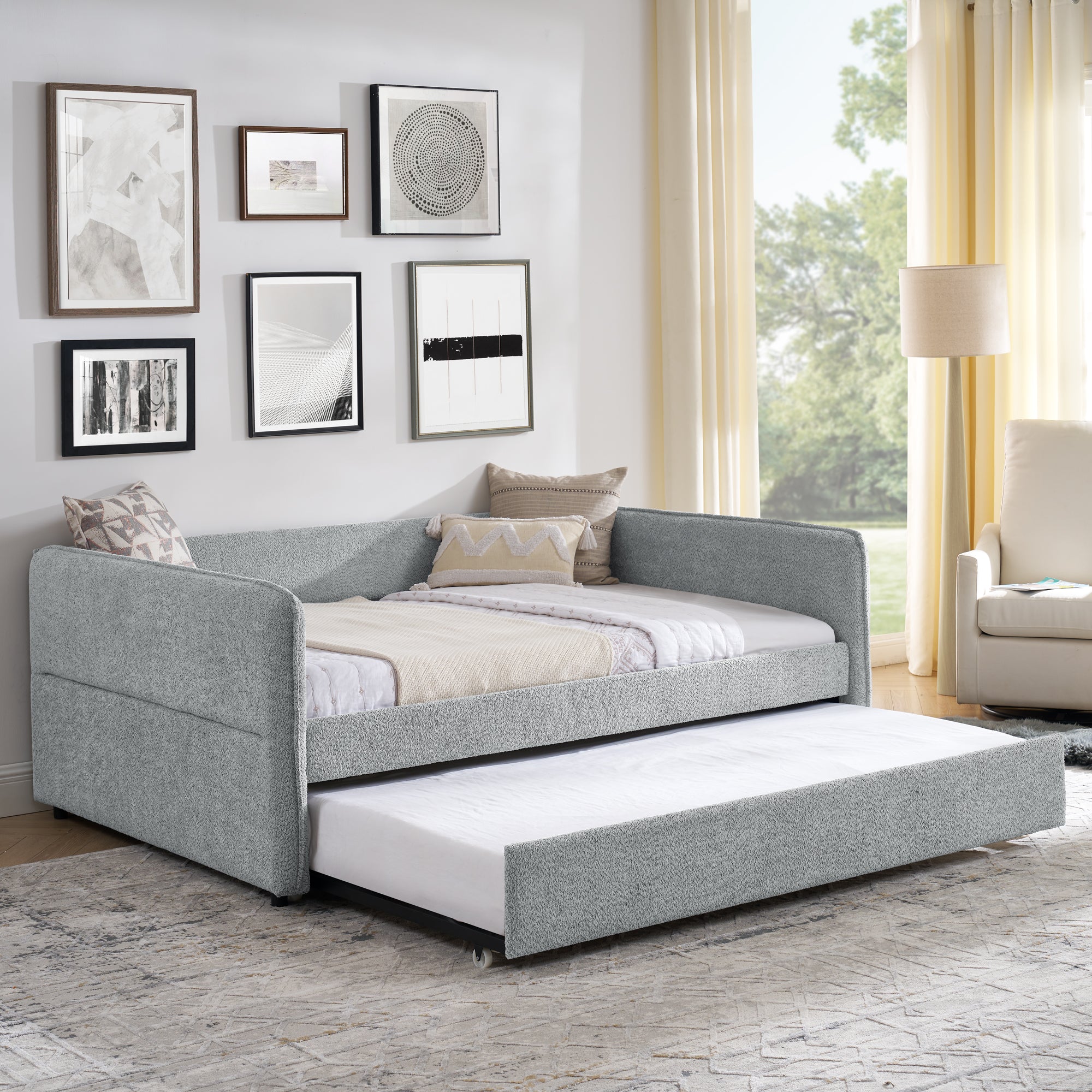 Daybed With Trundle Upholstered Tufted Sofa Bed, Full Size, Boucle Fabric, Grey 83"X58.5"X29.5" Grey Linen