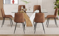 Table And Chair Set.Modern Dining Table, Tempered Glass Countertop With Artistic Mdf Legs.Paried With 6 Brown Chairs With Suede Backrests And Black Metal Legs.Suitable For Various Styles. Black Brown,Transparent Seats 6 Mdf Metal