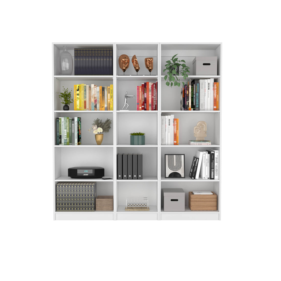 Luetz 3 Piece Home Bookcase Set, 67" Wide With 15 Shelvesliving Room Set Set White Freestanding 5 Or More Shelves White Modern Particle Board