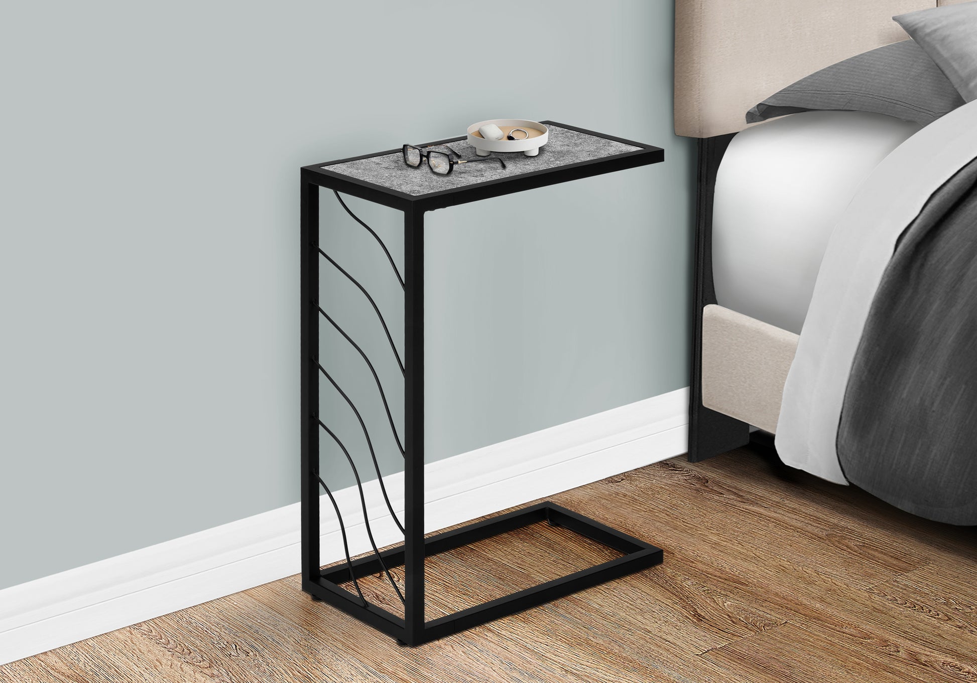 Accent Table, C Shaped, End, Side, Snack, Living Room, Bedroom, Grey Laminate, Black Metal, Contemporary, Modern Grey Metal