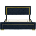 Queen Size Upholstered Platform Bed With Pull Point Headboard And Metal Wire Frame At The Head And Foot Of The Bed, Metal Feet, Velvet, Black Queen Black Mdf Lvl