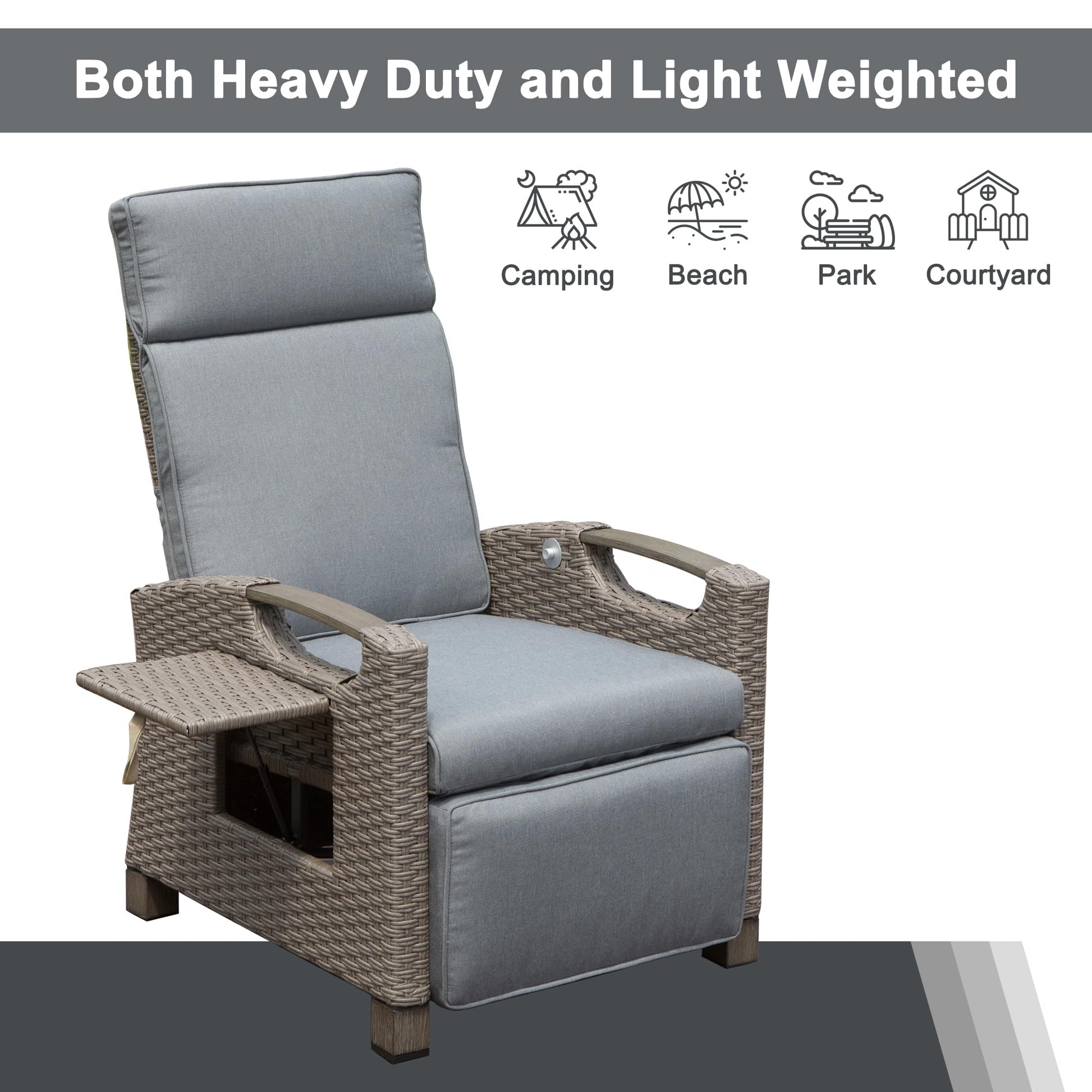 Outdoor Recliner Chair, Patio Recliner With Hand Woven Wicker, Flip Table Push Back, Adjustable Angle, 6.8'' Thickness Cushions, Reclining Lounge Chair For Indoor And Outdoor, Gray Yes Gray Garden & Outdoor Steel Rattan