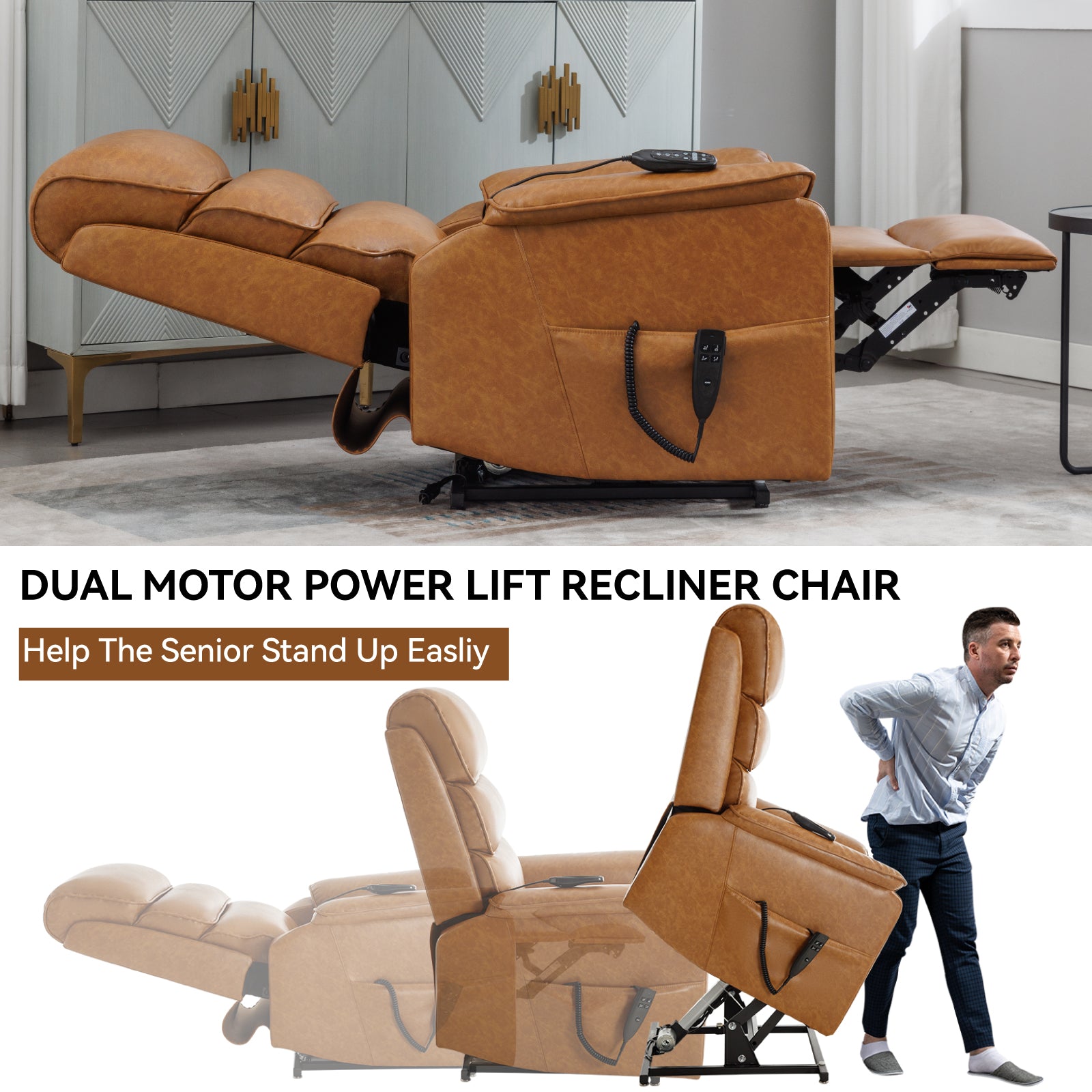 Brown Leatheraire Dual Motor Infinite Position Up To 350 Lbs Power Lift Recliner Chair With Power Remote, Heat Massage And Heavy Duty Motion Mechanism White Metal Primary Living Space Heavy Duty