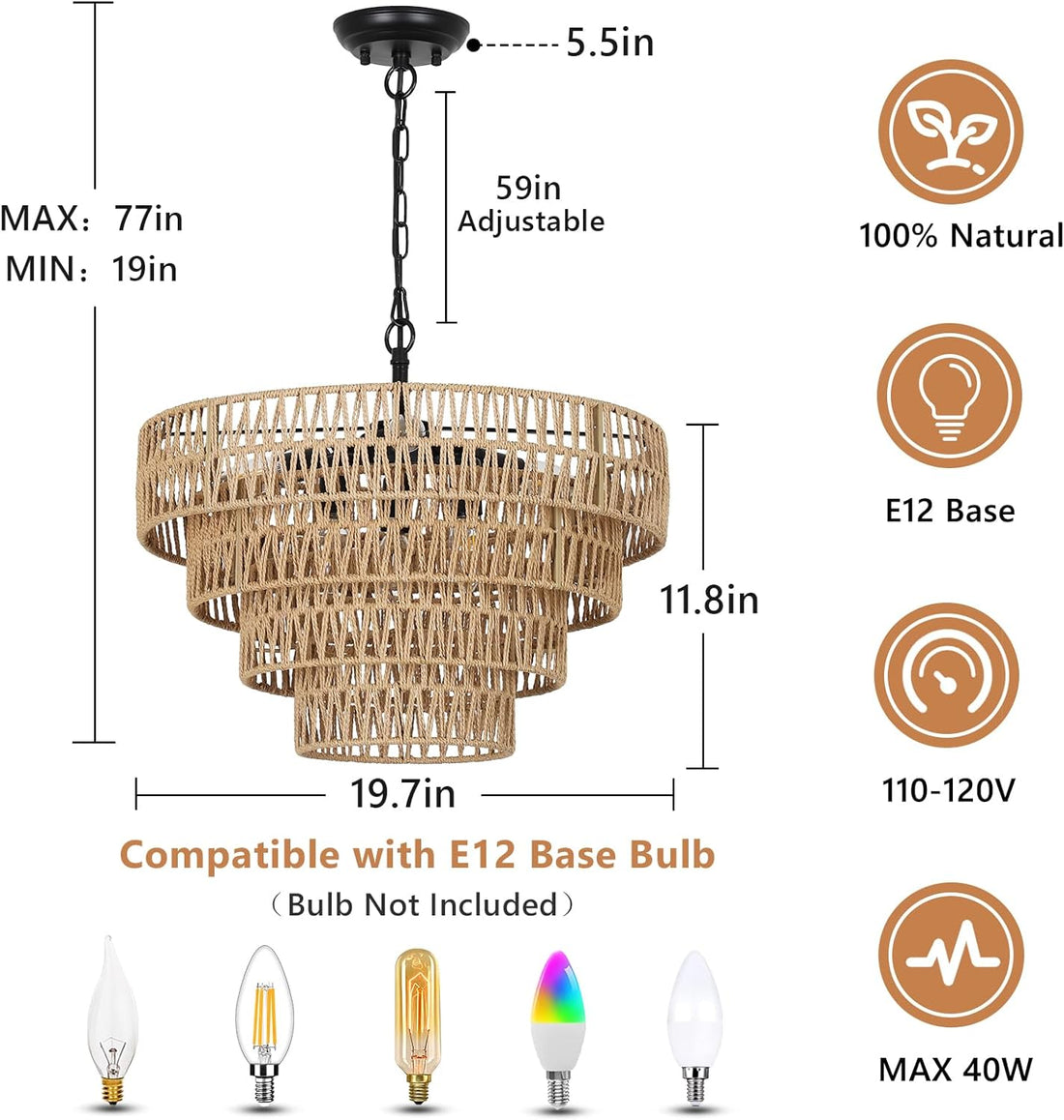 Boho Rattan Chandelier, 6 Light Dining Room Light Fixture, Wicker Pendant Lighting With 4 Tier Woven Lampshade, Large Farmhouse Chandeliers For Dining Room Bedroom Kitchen Living Room 20" Brown Rattan Metal