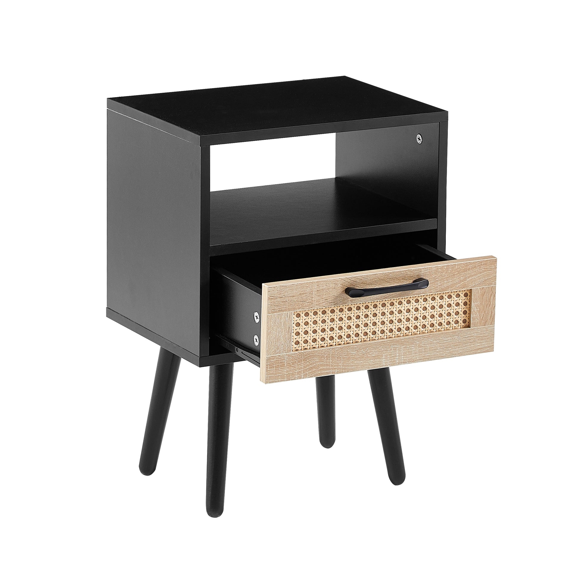 15.75" Rattan End Table With Drawer And Solid Wood Legs, Modern Nightstand, Side Table For Living Room, Bedroom, Black Black Solid Wood Mdf