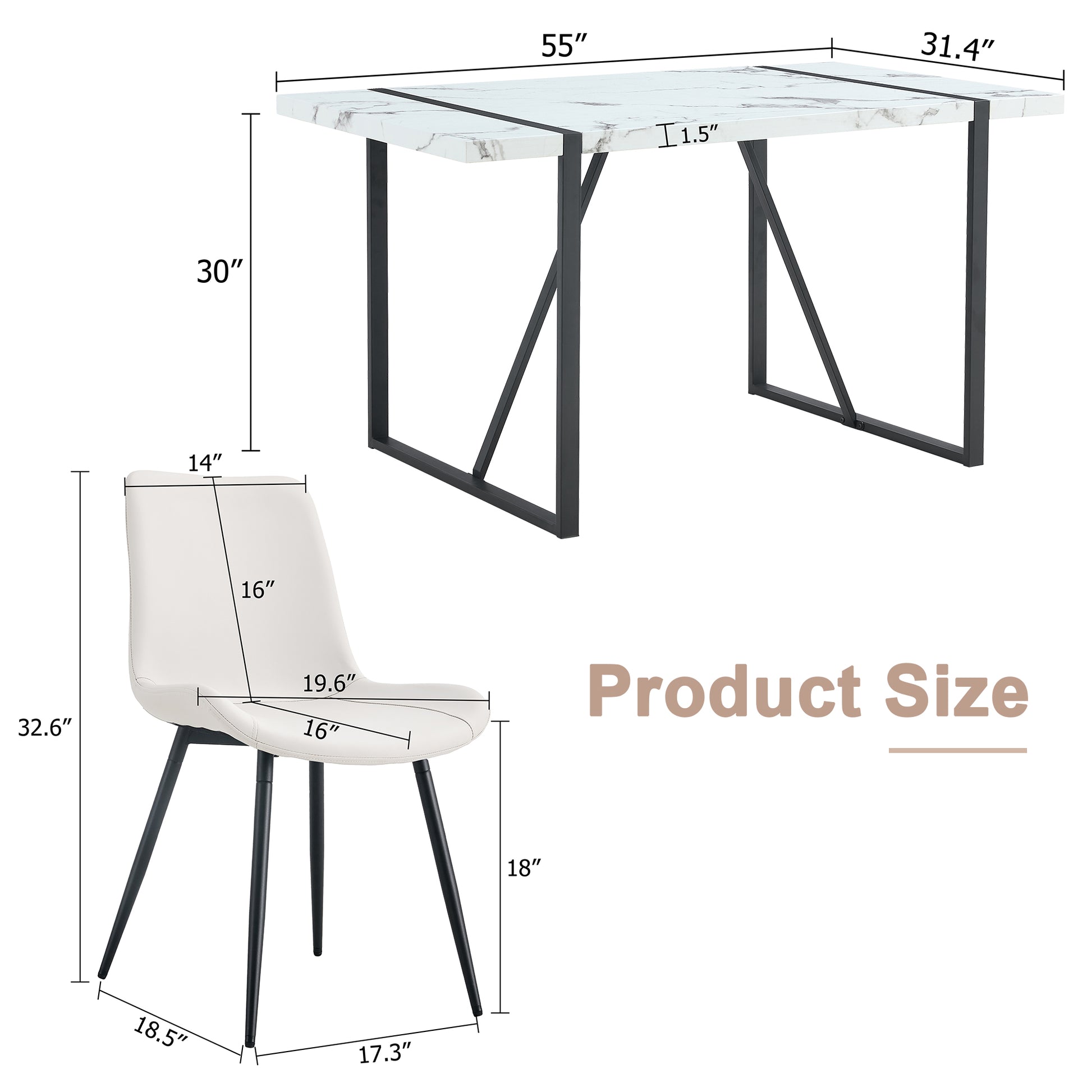 Table And Chair Set.A Modern Minimalist White Marble Veined Mdf Dining Table With Metal Frame.Paried With 6 Chairs With Pu Cushions And Black Metal Legs. White Seats 6 Mdf Metal