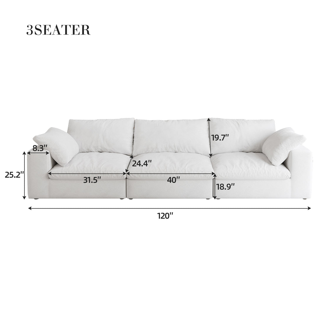 Oversized Cloud Modular Sectional Sofa,120" Down Filled Comfort 3Seater Sofa Couch For Living Room,Minimalist Wide Deep Seat Couches For Office Apartment 3Seaters Natural White Medium Soft Foam 3 Seat