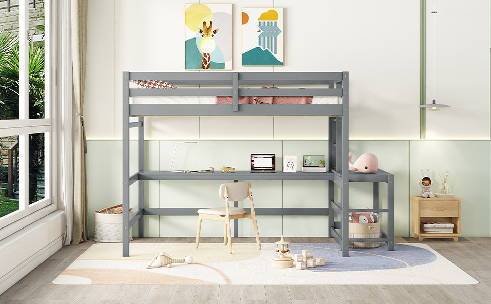 Full Size High Loft Bed With Built In Desk, Ladder Platform, Ladders, Guardrails ,Grey Full Grey Bedroom American Design Pine