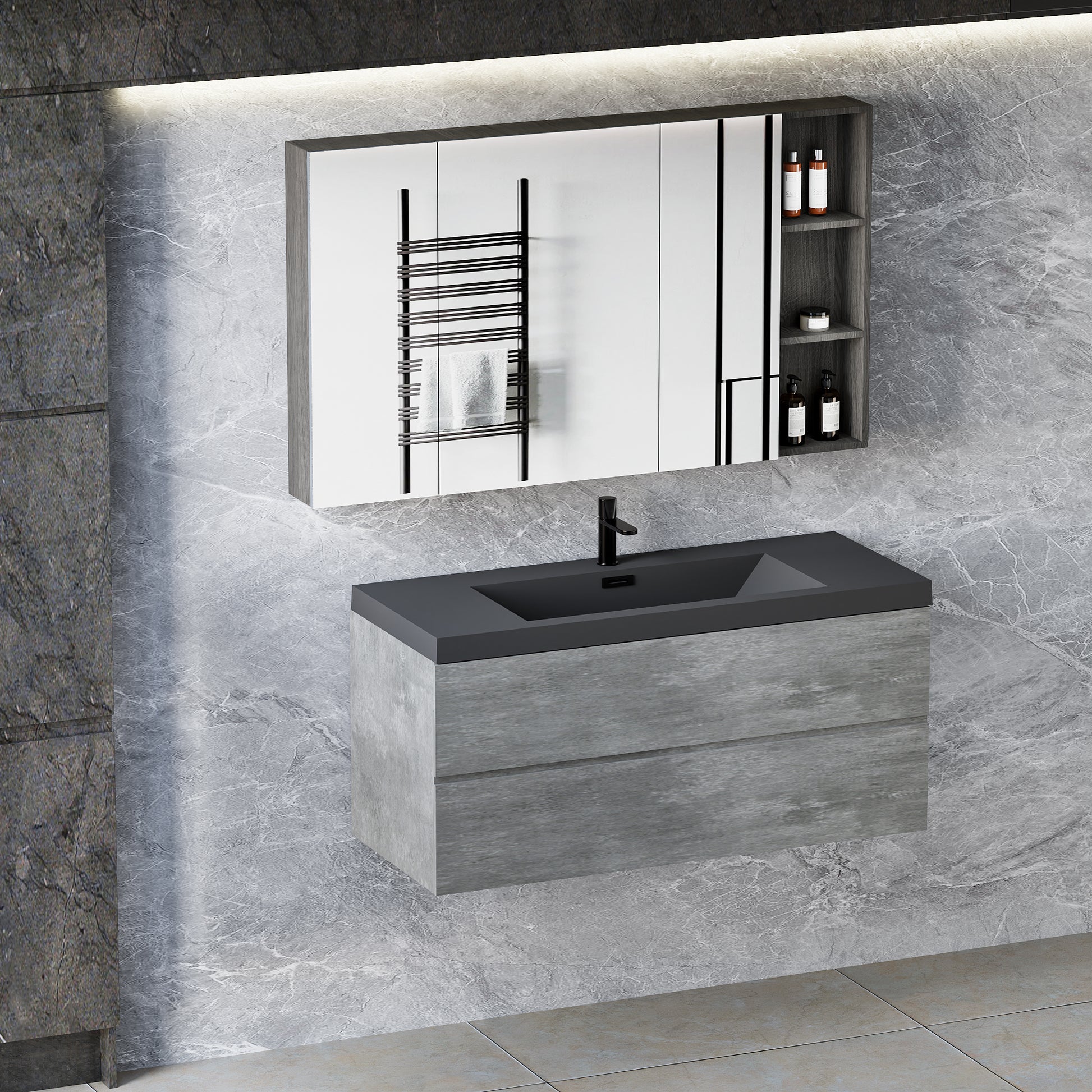 48" Floating Bathroom Vanity With Sink, Modern Wall Mounted Bathroom Storage Vanity Cabinet With Black Quartz Sand Top Basin And Soft Close Drawers, 24V12 48Gr Grey 2 Grey Plywood