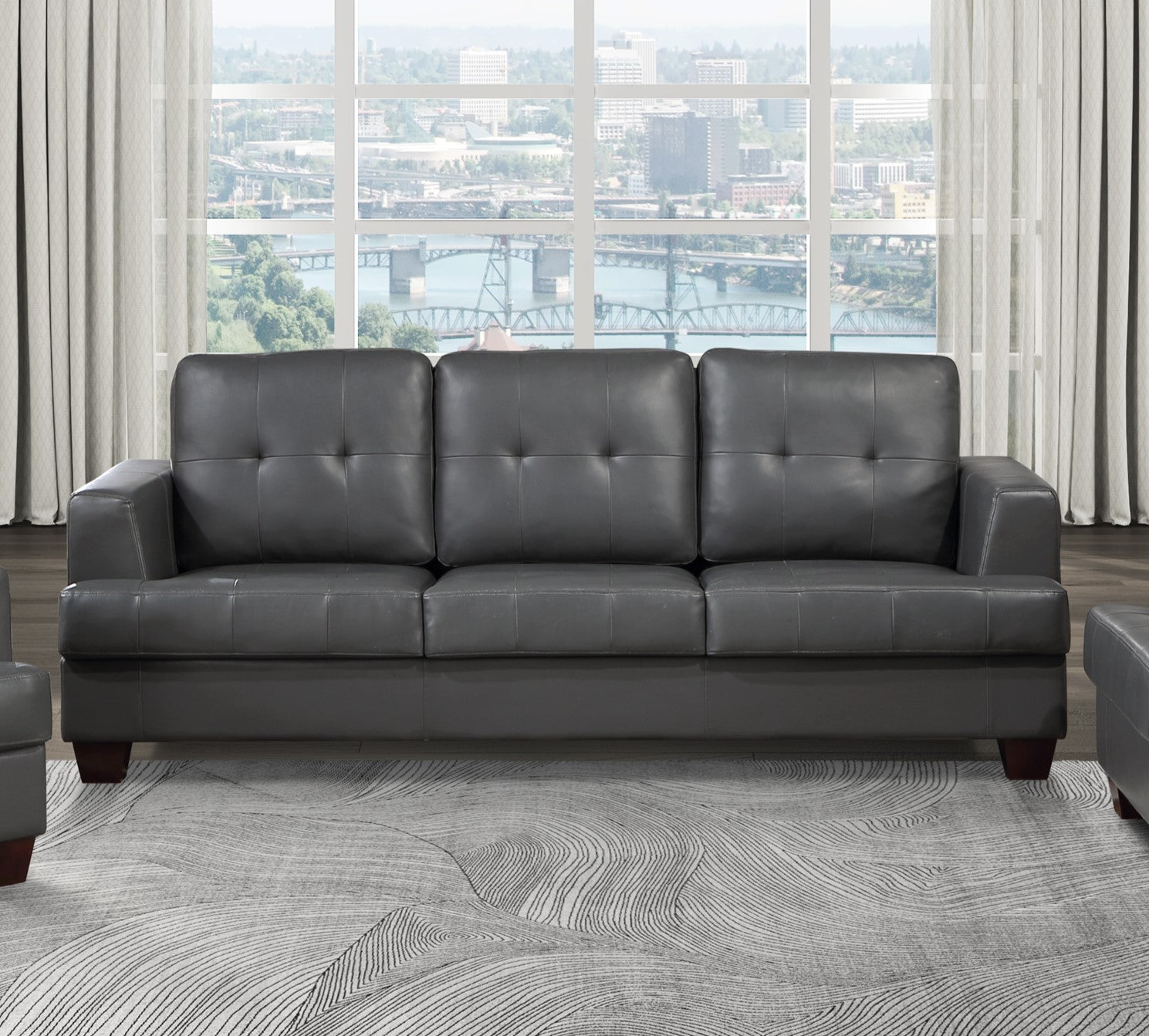 Living Room Gray Modern Comfort Sofa 1Pc Premium Faux Leather Upholstery Tufted Detail Solid Wood Frame Furniture Gray Faux Leather Wood Primary Living Space Modern Faux Leather 3 Seat