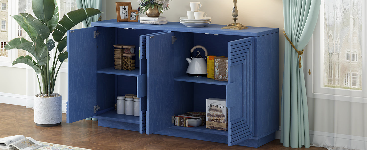 Vintage Distressed 4 Door Sideboard With Adjustable Shelves And Geometric Pattern For Dining Room, Kitchen And Living Room Navy Blue Navy Blue Solid Wood Mdf