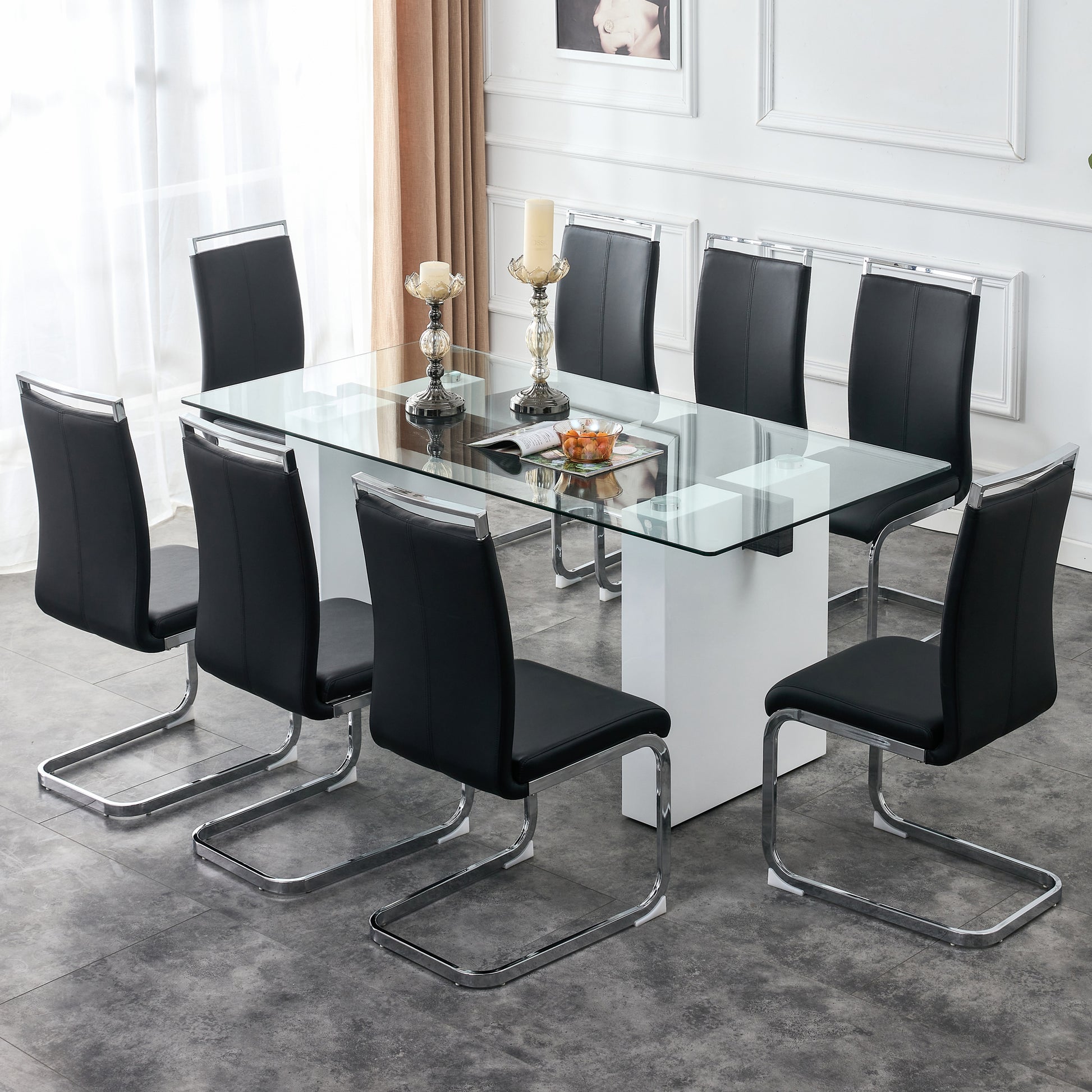 Table And Chair Set. Large Modern Rectangular Table With Glass Top And Large Mdf Legs. Comes With 8 Chairs With Faux Leather Upholstered Seats And Silver Metal Legs. White Black Seats 8 Mdf Glass