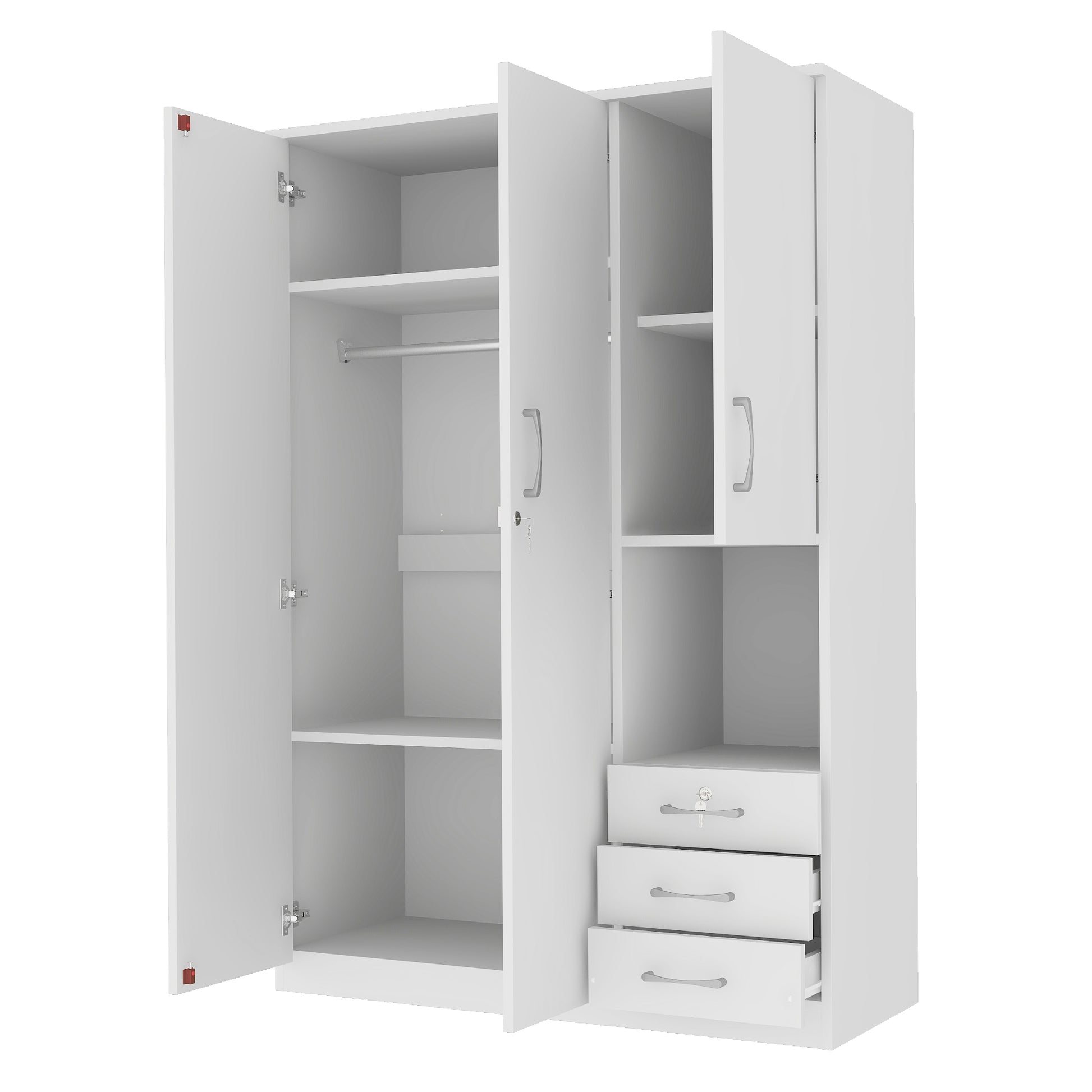 2 Doors Wooden Wardrobe Storage For Bedroom, With Shelves And 3 Drawers, White White Particle Board