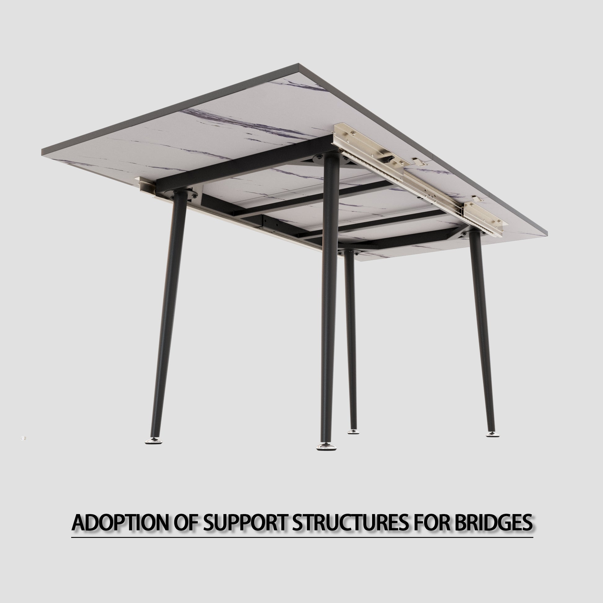 63" Mdf Square White Marble Pattern Stretchable Dining Table, Modern Industrial Kitchen And Dining Table, Equipped With Tapered Black Metal Legs White Mdf