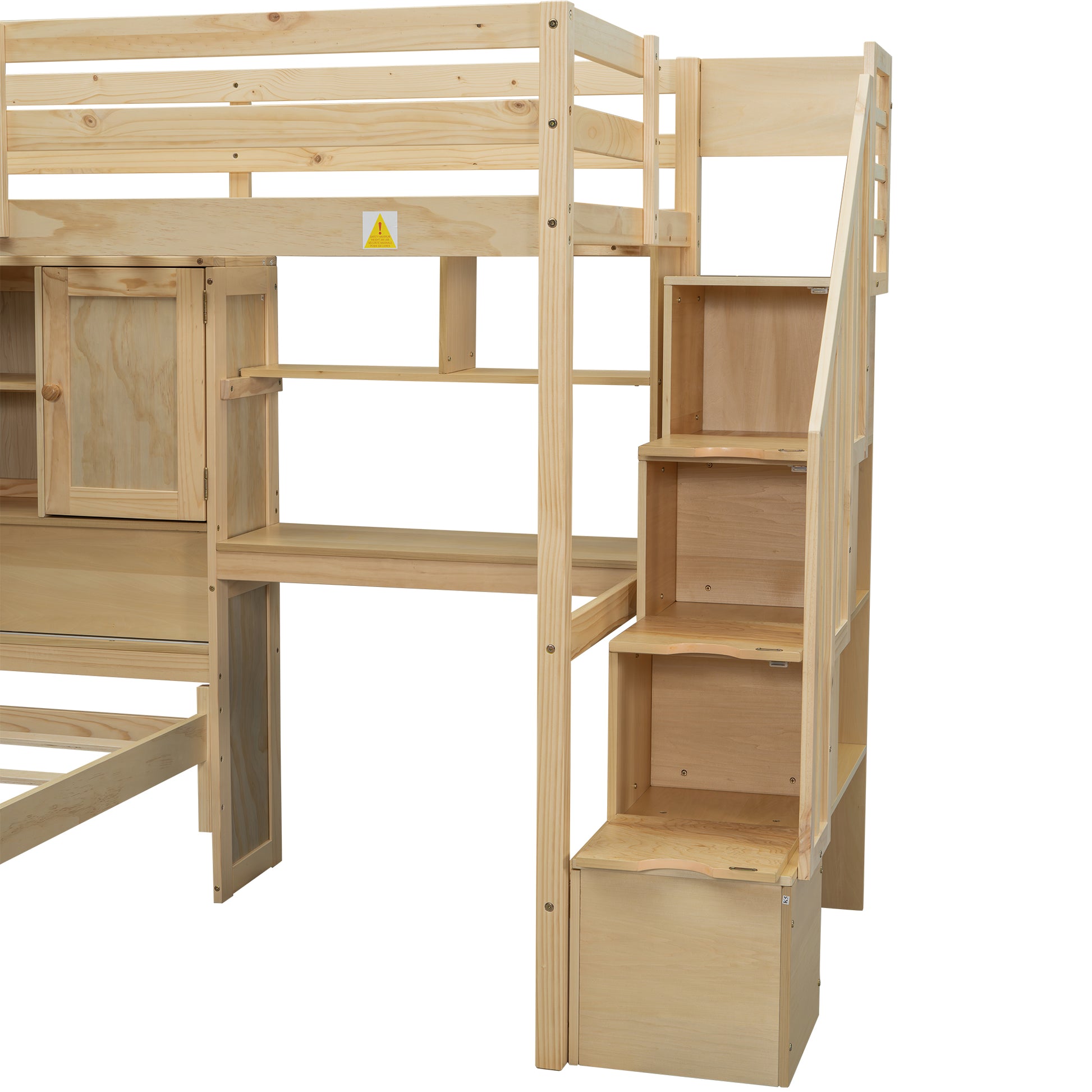 Twin Over Twin Loft Bed With Built In Desk And Staircase, With Storage Compartments And Shelves, Natural Twin Box Spring Not Required Natural Wood Pine