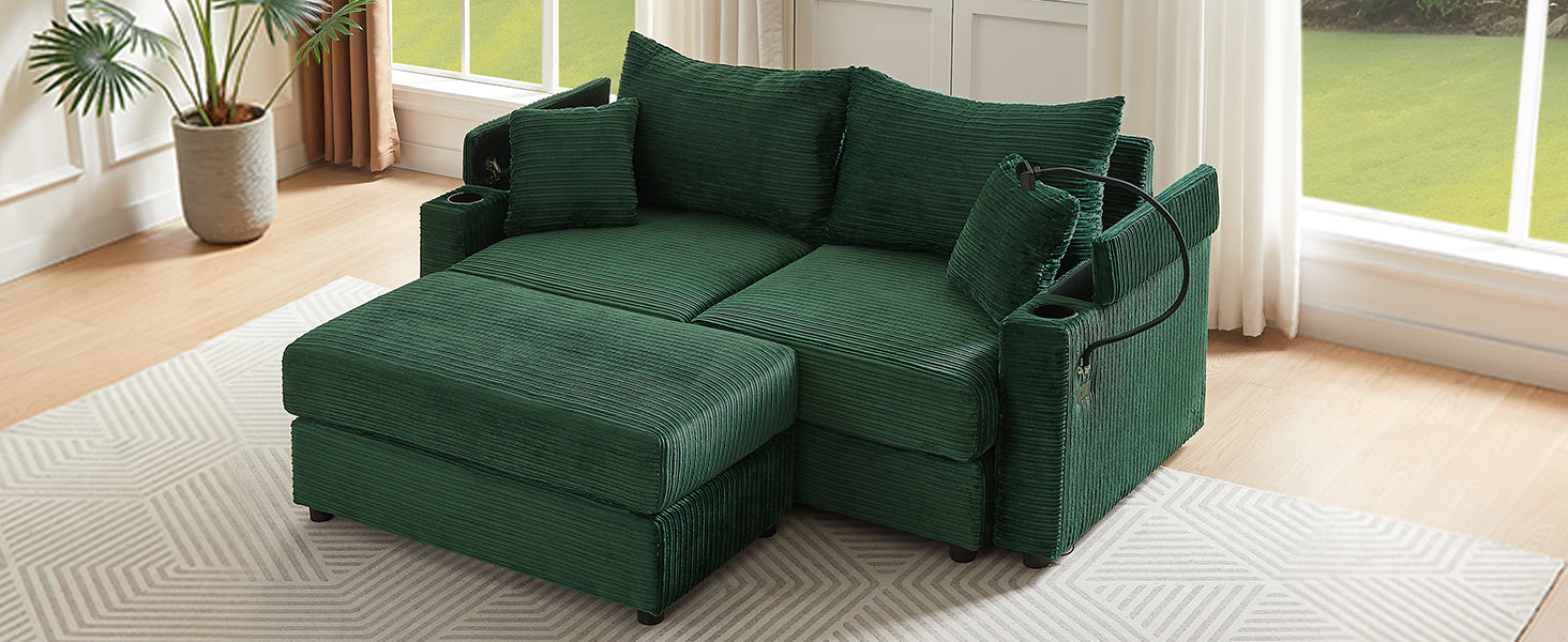 72.8" Modern Style Loveseat Sofa Sectional Sofa Couch With Storage Space, A Movable Ottoman, Two Usb Ports, Two Cup Holders, A Phone Holder For Living Room, Green Green Foam Corduroy 3 Seat