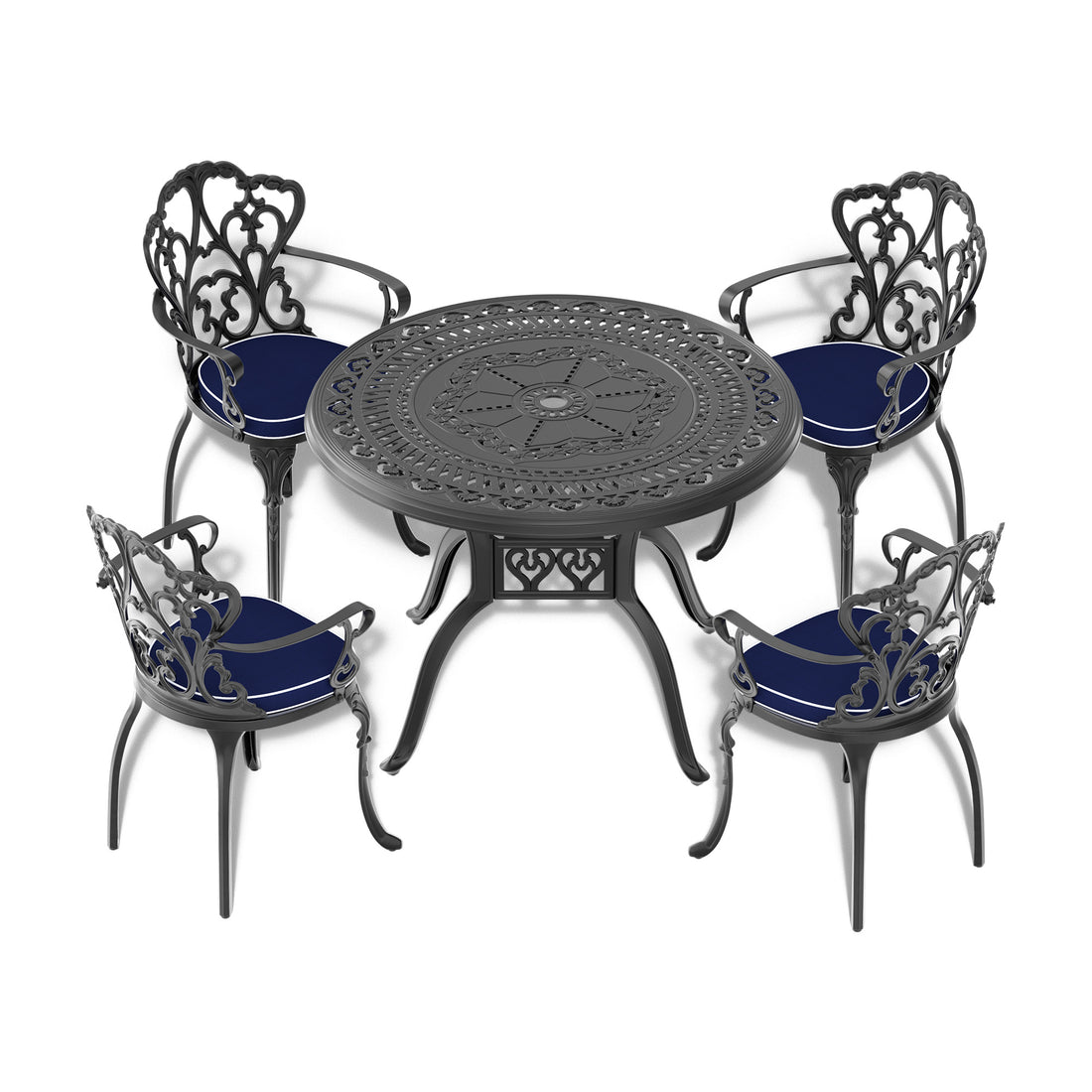 Cushions In Random Colors 5 Piece Set Of Cast Aluminum Patio Furniture With Cushions Yes Dining Set Black Blue Seats 4 Rust Resistant Frame Water Resistant Cushion Garden & Outdoor Complete Patio Sets Aluminium
