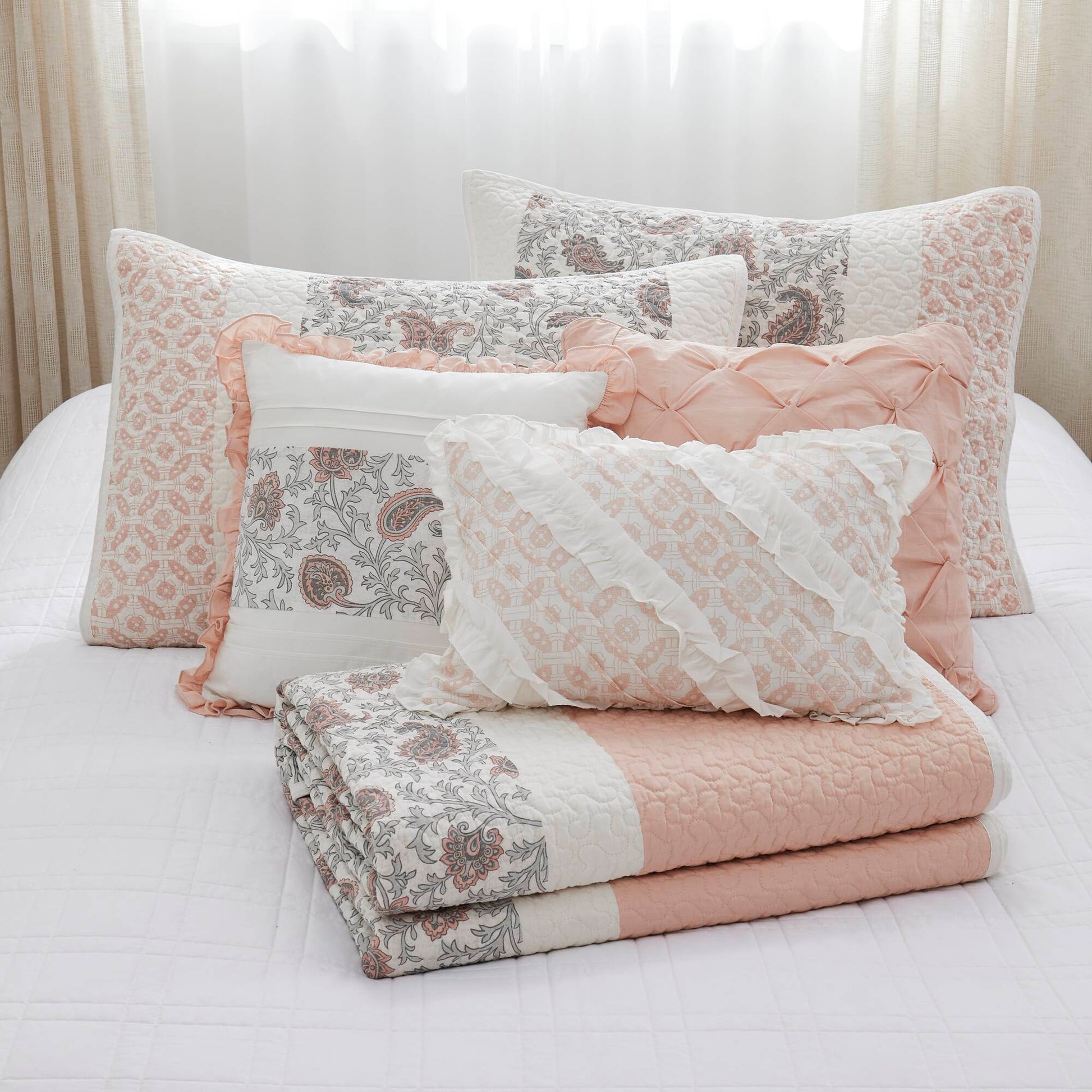 6 Piece Cotton Percale Quilt Set With Throw Pillows Blush King Cal King King Blush Polyester