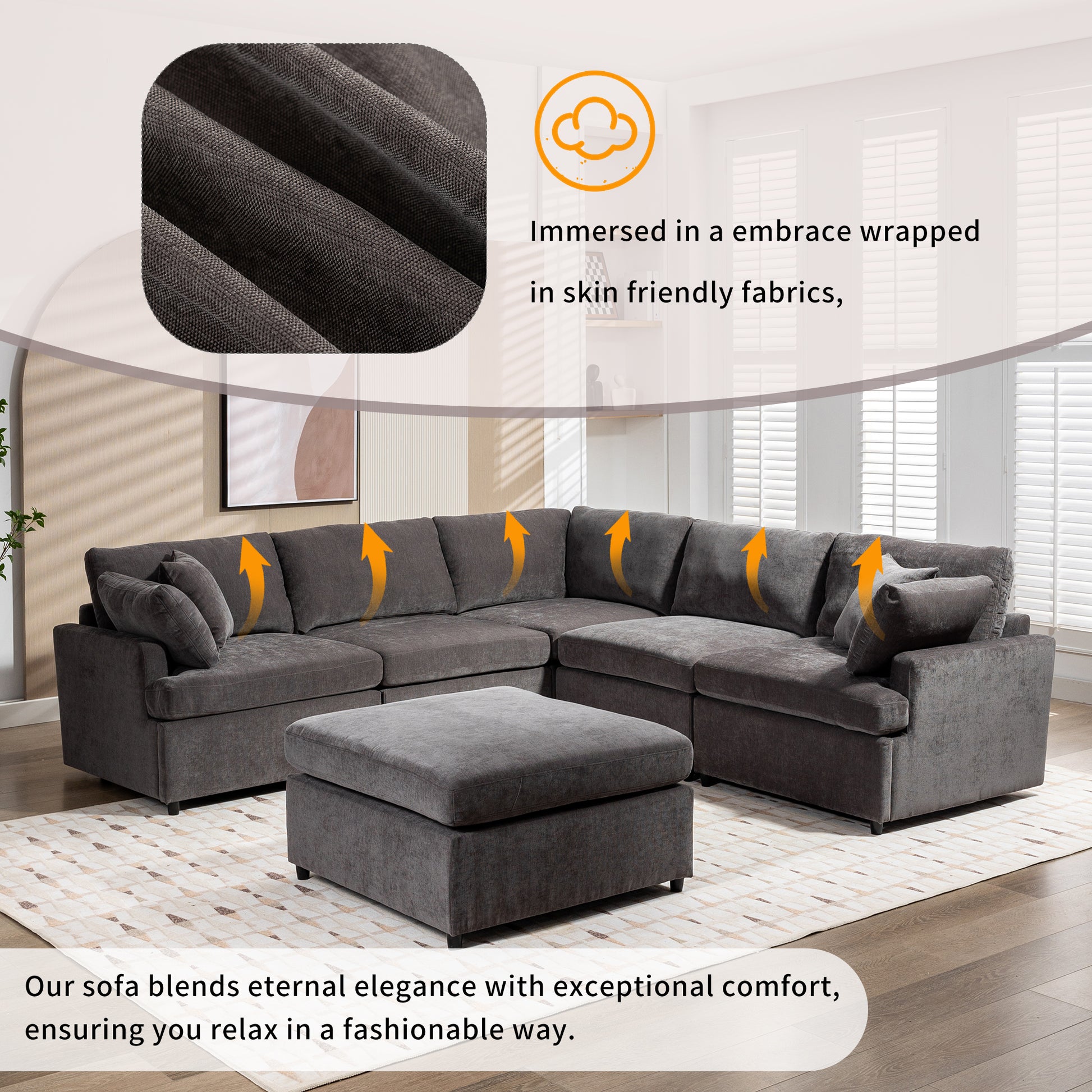Modern Large U Shape Sectional Sofa, With Removable Ottomans For Living Room 6 Seater Gray Polyester 6 Seat
