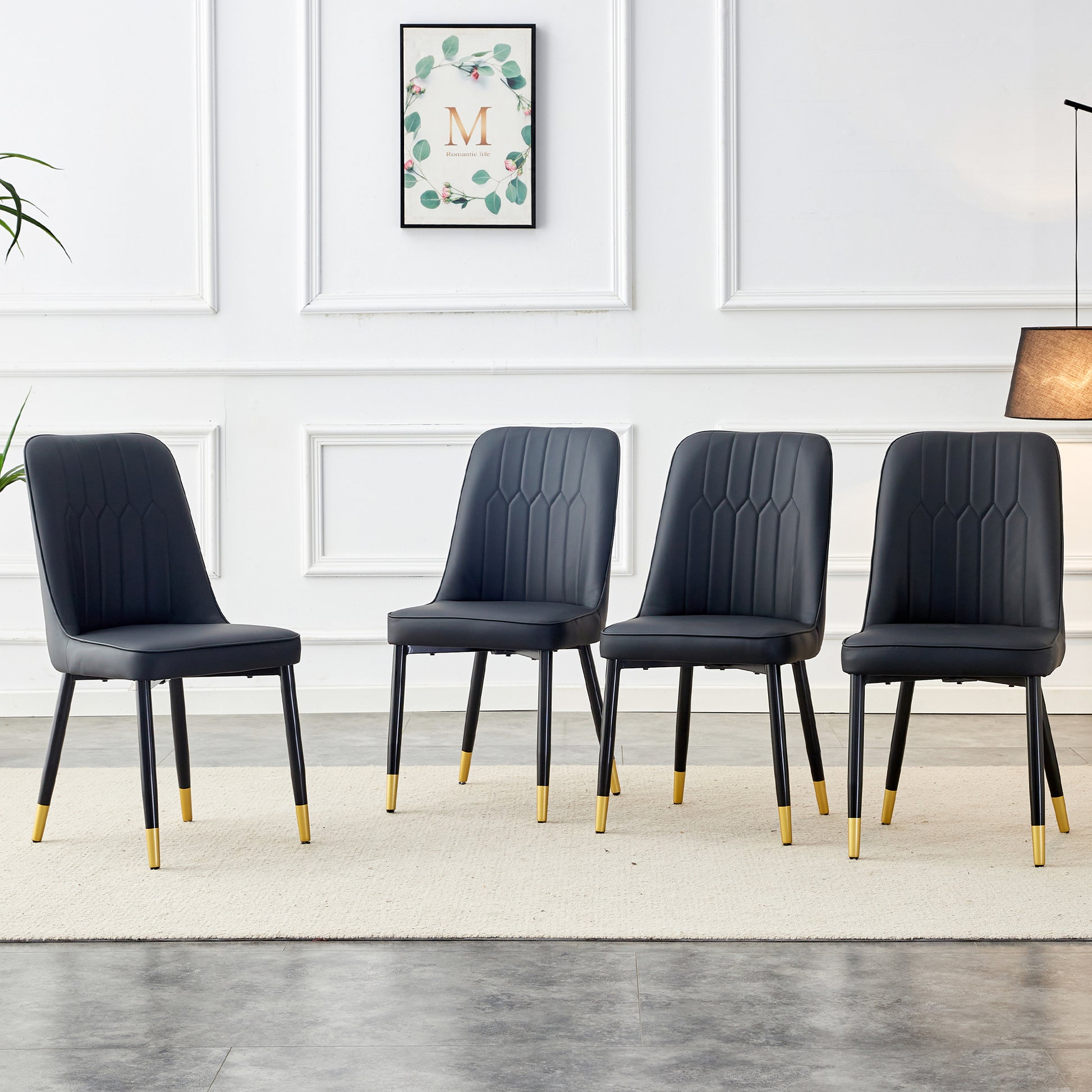 Large Modern Minimalist Rectangular Dining Table With 0.39 "Imitation Marble Black Tabletop And Golden Metal Legs, Paired With Chairs With Pu Cushions And Black Metal Legs. F 1537 C 007 Black Gold Glass Metal