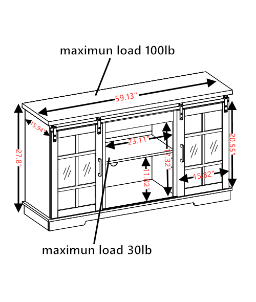 Multipurpose Sliding Door Tv Cabinet Large Storage Cabinet With 2 Sliding Glass Doors, Tv Storage Rack With 23" Fireplace Tv Cabinet, White Brown, 59.13"W*15.94"D*27.8"H White 60 69 Inches Mdf