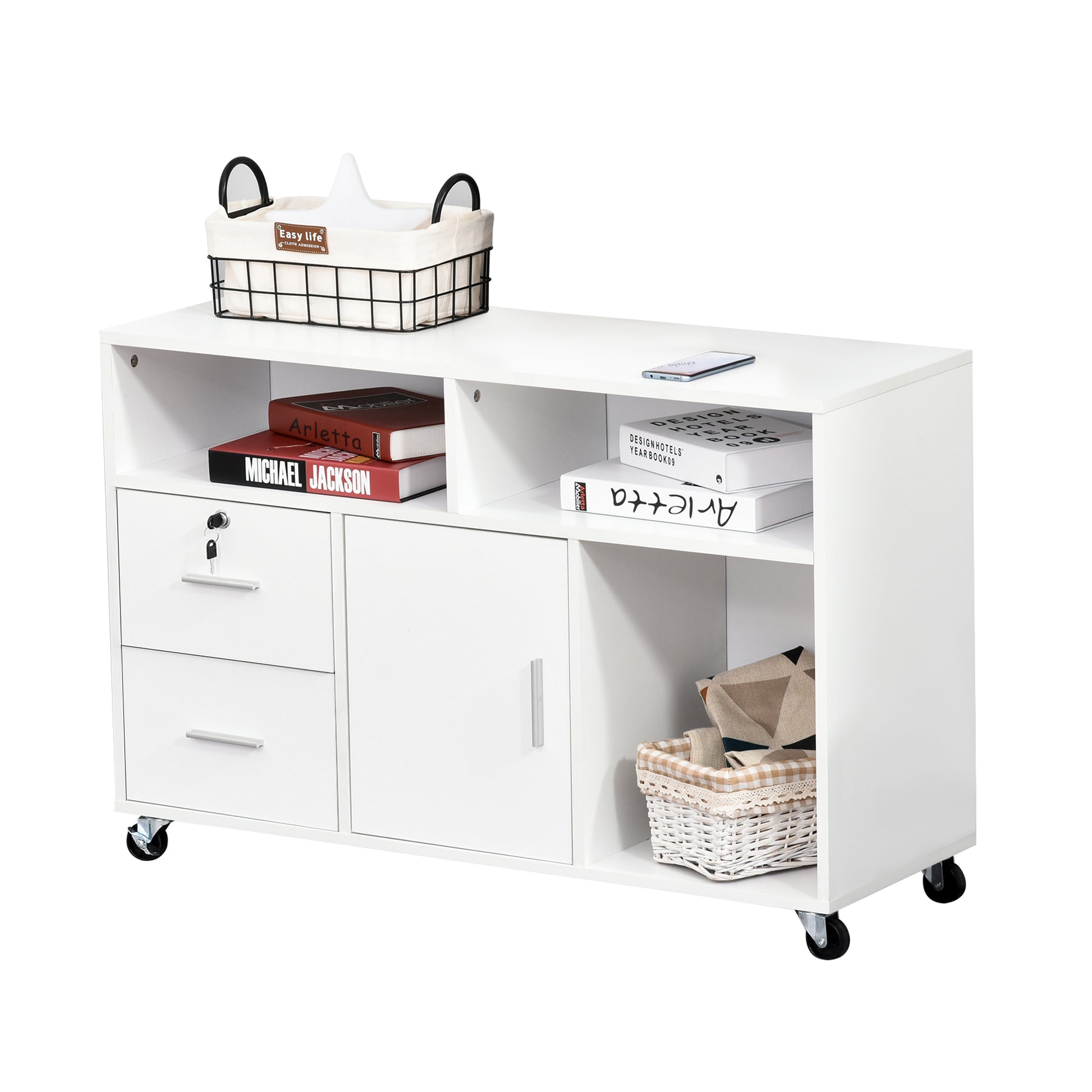 Homcom Printer Stand Home Office Mobile Cabinet Organizer Desktop With Caster Wheels, 2 Locking Breaks And Drawer, White White Particle Board