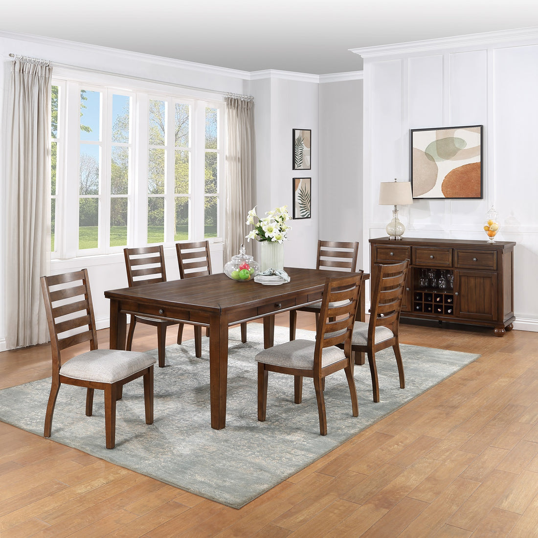 Contemporary Style 7Pc Dining Set Table W 6 Drawers 6X Side Chairs Ladder Back Walnut Finish Kitchen Dining Room Wood Dining Room Solid Wood Rubberwood Rectangular Dining Table With Chair Wood Wood Walnut Ladder Back Seats 6