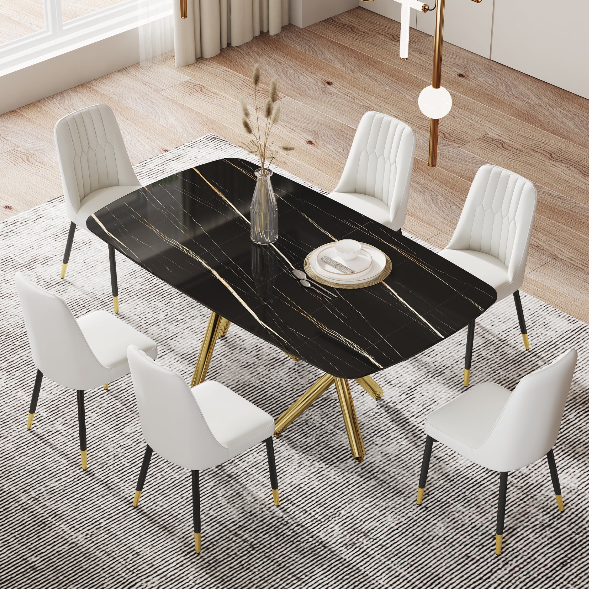 Large Modern Minimalist Rectangular Dining Table With 0.39 "Imitation Marble Black Desktop And Gold Metal Legs, For Kitchen Dining Living Meeting Room Banquet Hal 1538 Black Glass