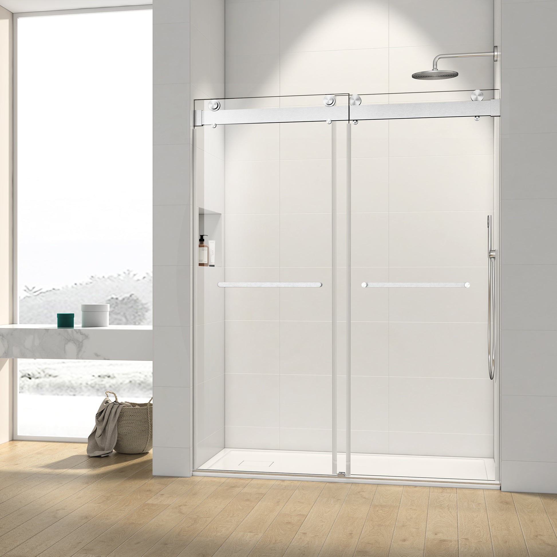 44 To 48 In. W X 76 In. H Double Sliding Frameless Soft Close Shower Door 56 To 60 In. W X 76 In. H Double Sliding Frameless Soft Close Shower Door 23D02 48Bn 23D02 60Mb Acacia