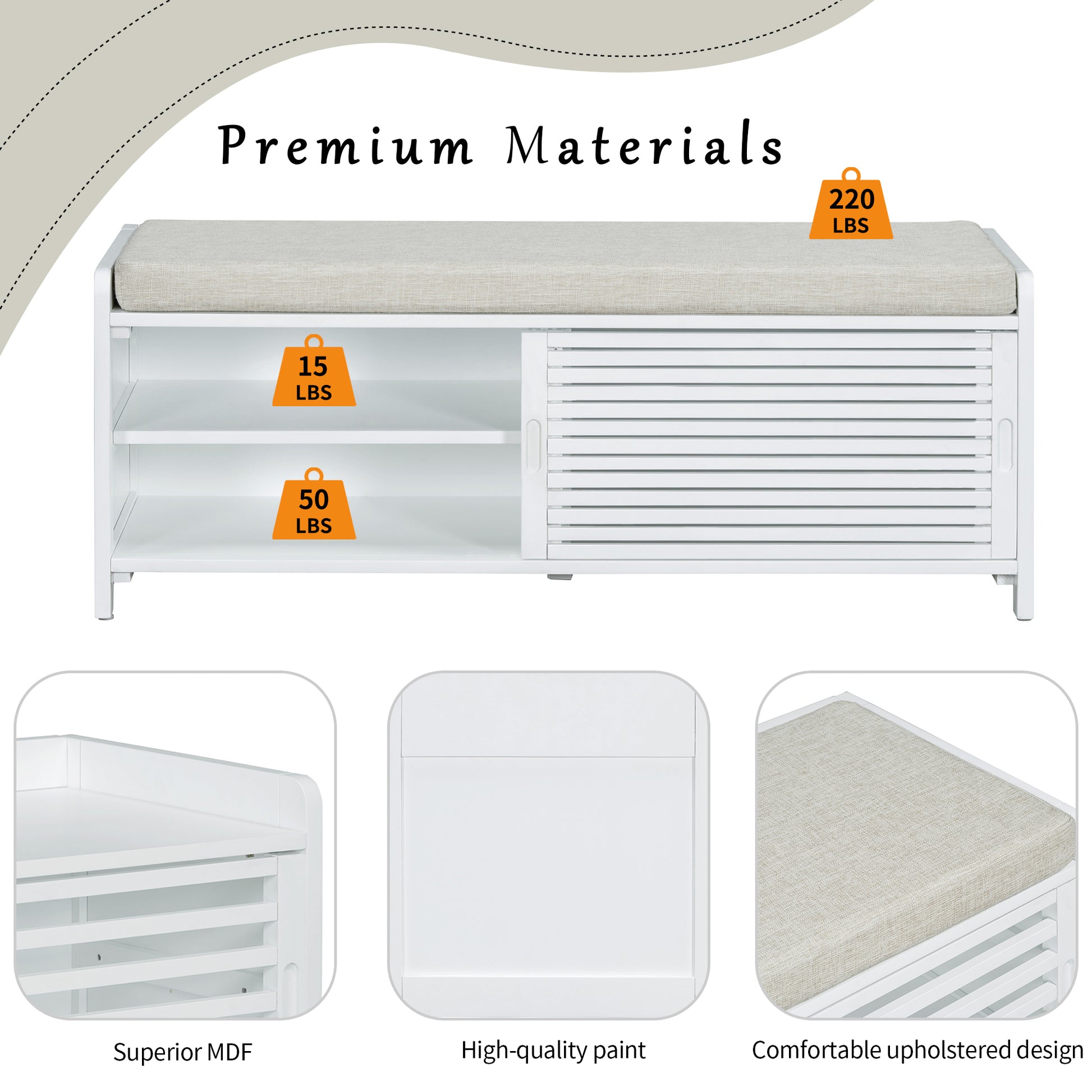 Distressed Shutter Storage Bench With Acacia Veneer For Retro Charm For Living Room, Entryway White White Mdf