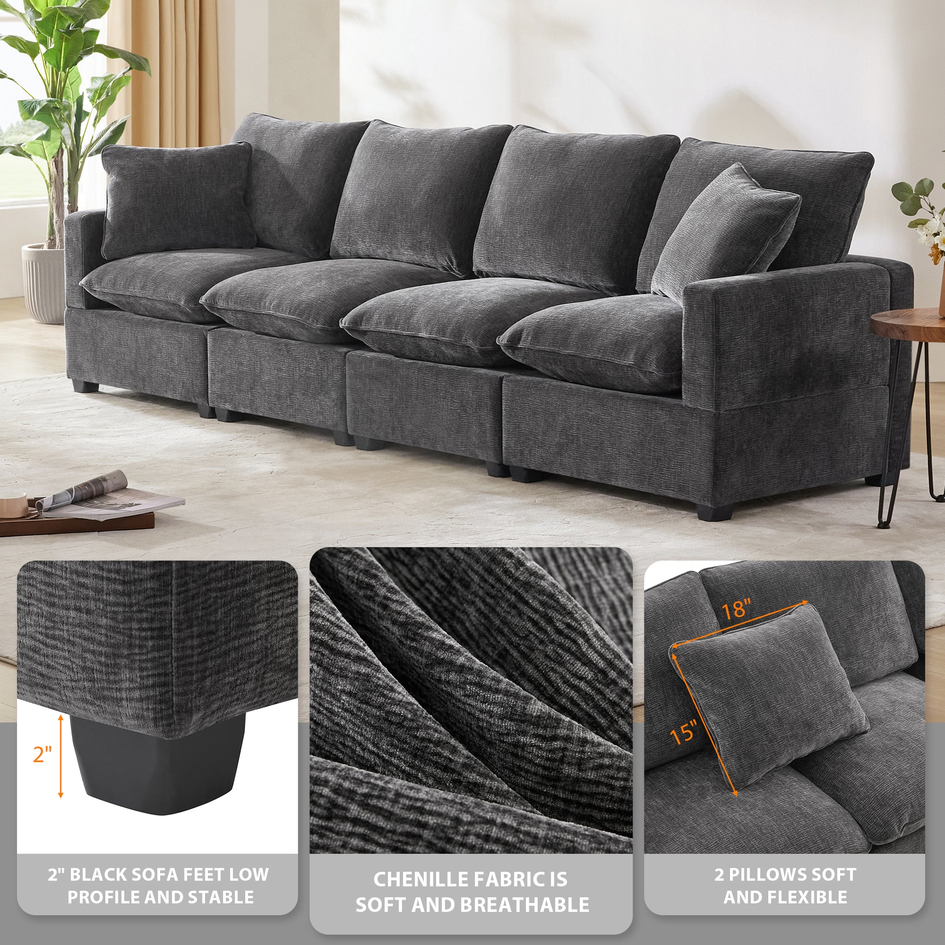 110*29" Modern Modular Sofa, 4 Seat Chenille Sectional Couch Set With 2 Pillows Included, Freely Combinable Indoor Funiture For Living Room, Apartment, Office, 2 Colors Black Grey Chenille 4 Seat