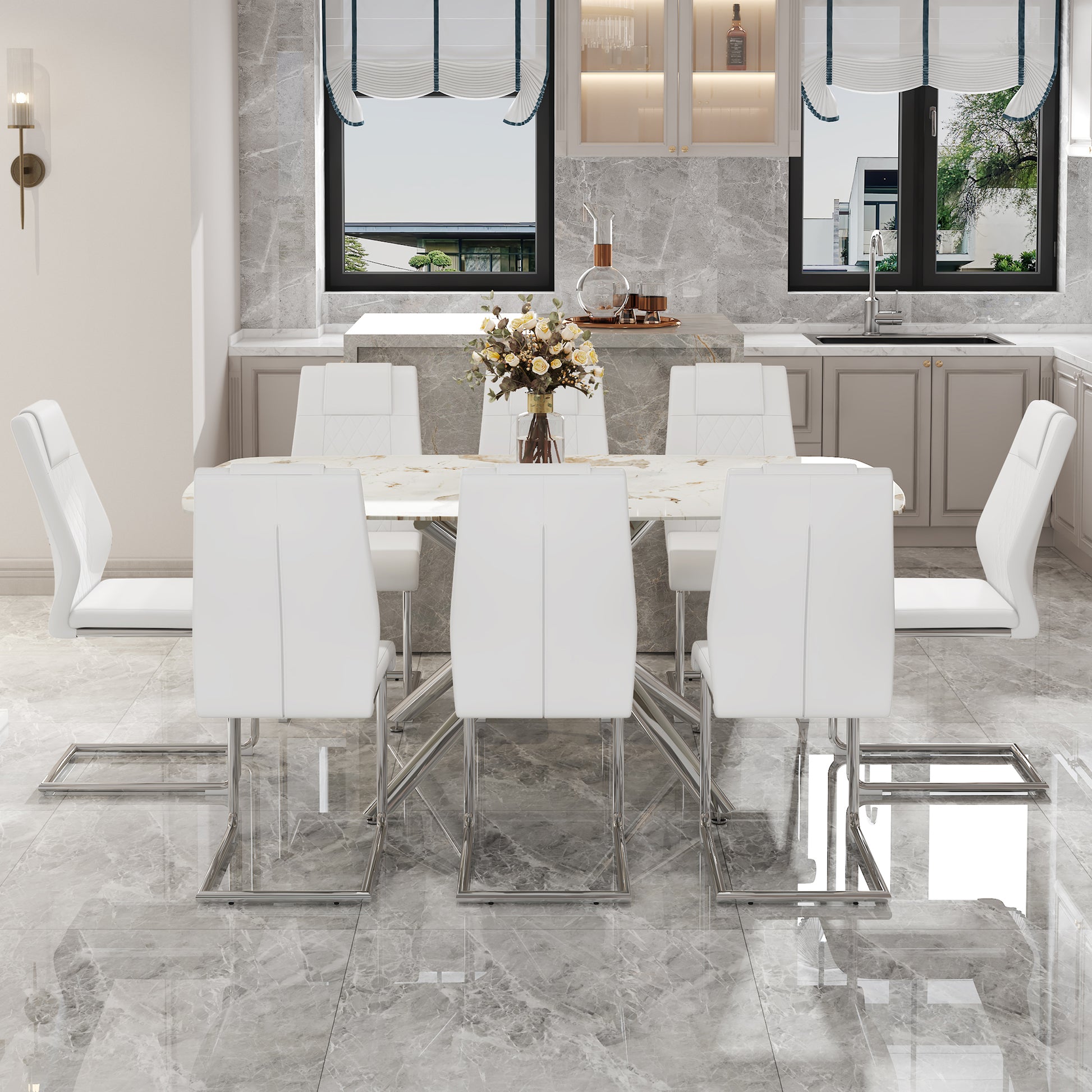 Table And Chair Set.Modern Luxurious White Marble Patterned Tempered Glass Dining Table With 8 Chairs.Single Fork Silver Metal Table Legs.White High Quality Pu Dining Chairs With Silver Metal Legs.