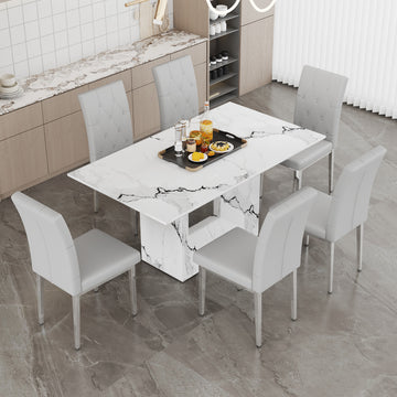 Table And Chair Set.63"X35.4" White Marble Patterned Mdf Dining Table Set With 6 Armless Light Gray Pu Chairs.Showcasing A Modern And Stylish Look. Light Gray,White Seats 6 Mdf Metal