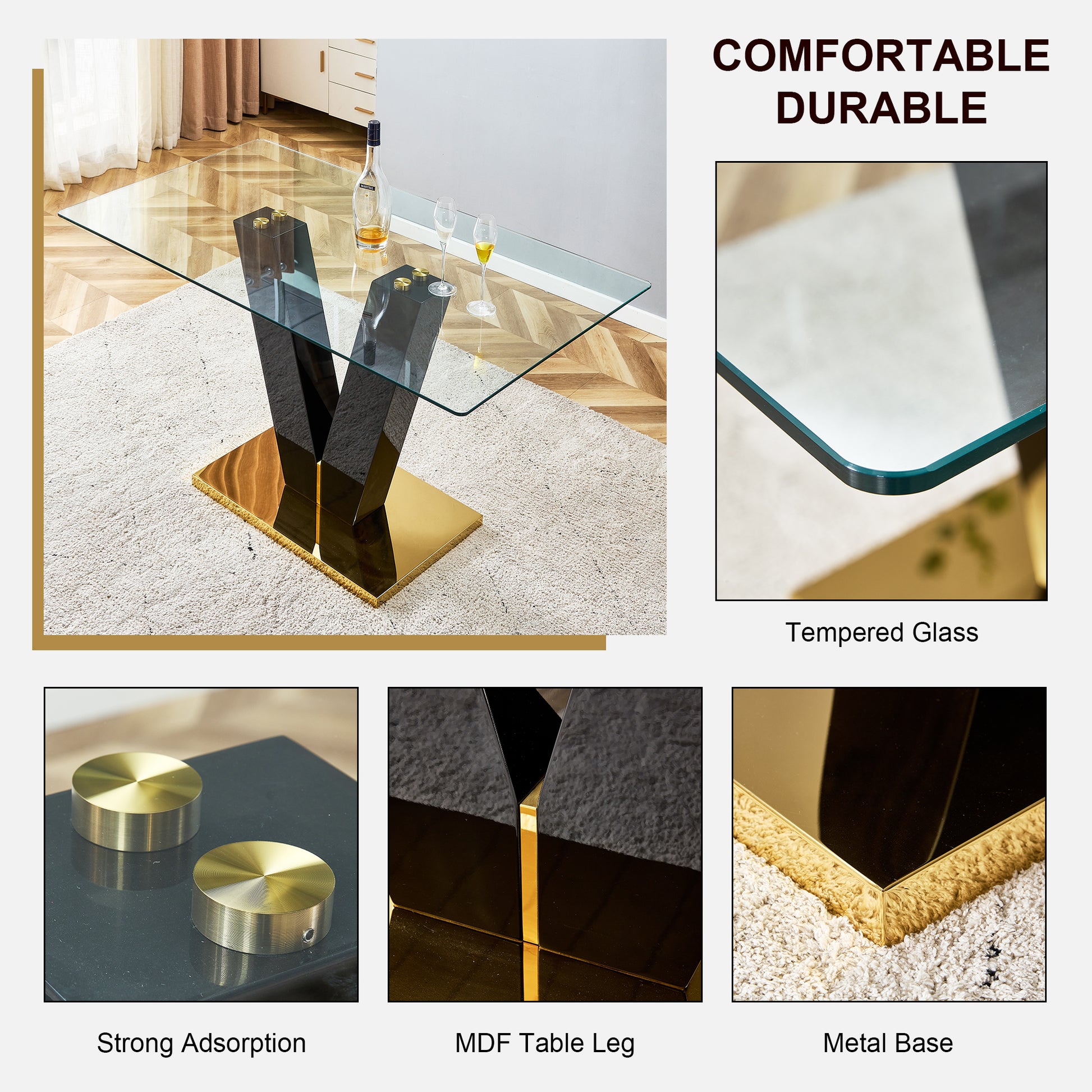 Table And Chair Set. A Rectangular Glass Dining Table With A 0.4 Inch Tempered Glass Tabletop And Mdf Board V Shaped Bracket, Paired With Chairs Consisting Of Pu Seat Cushions And Silver Metal Legs. Black Seats 4 Tempered Glass