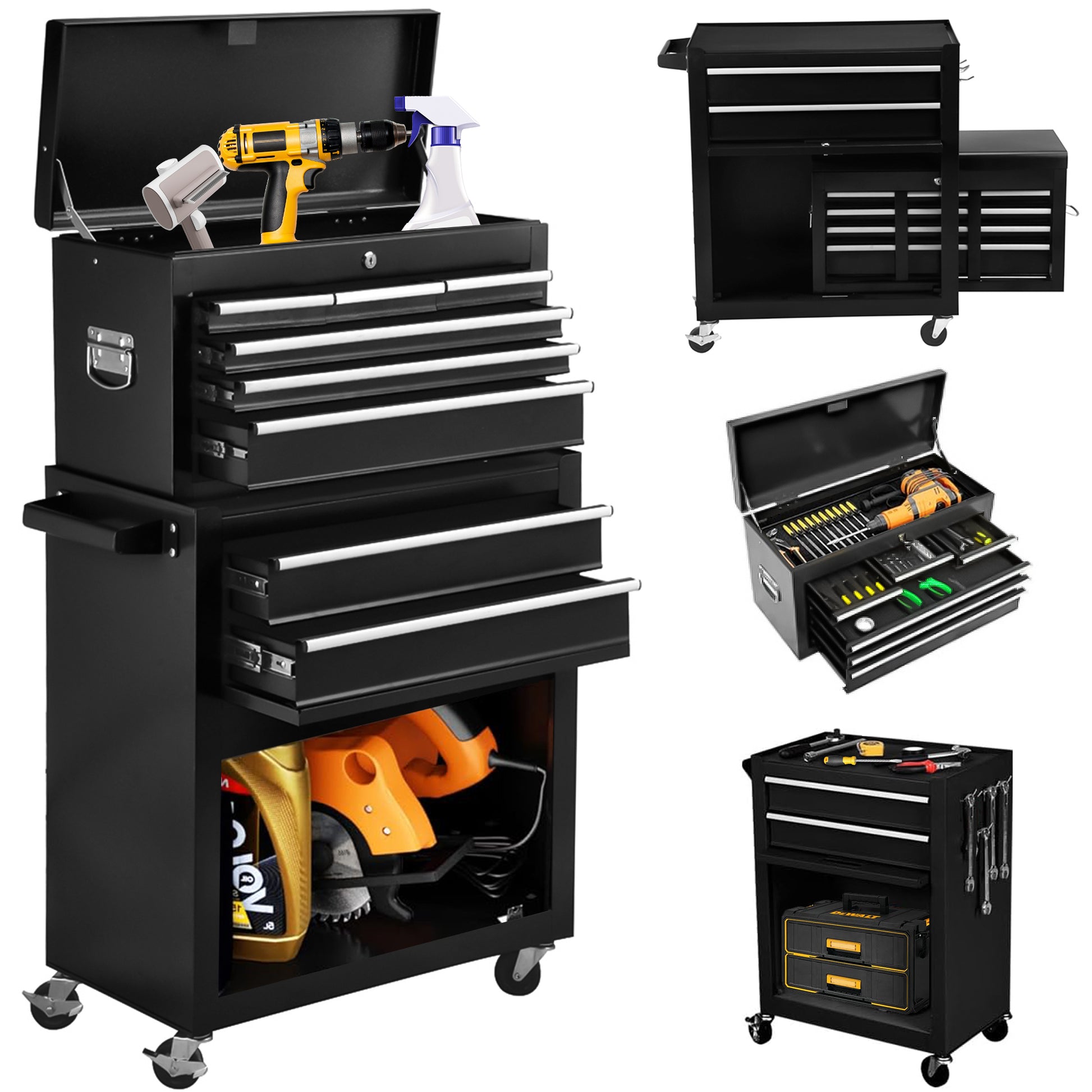 High Capacity Rolling Tool Chest With Wheels And Drawers, 8 Drawer Tool Storage Cabinet Black Iron