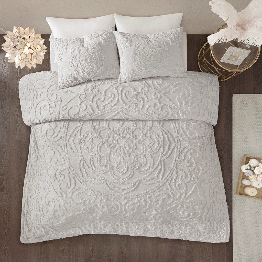 3 Piece Tufted Cotton Chenille Medallion Comforter Set Grey King Cal King King Grey Cotton