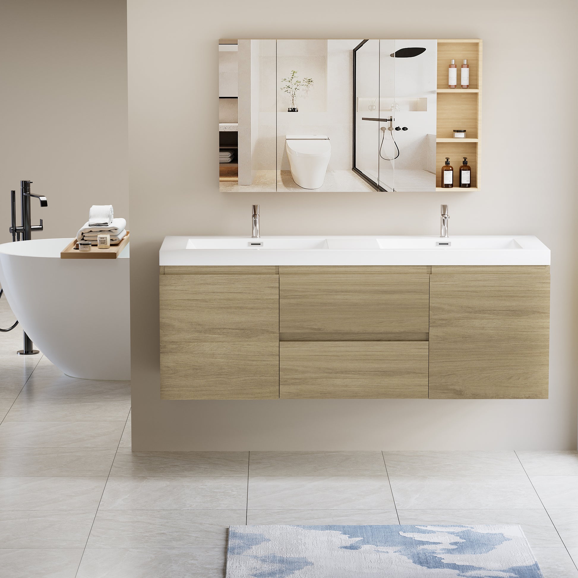 60" Floating Bathroom Vanity with Sink, Modern Wall 2-oak-2-bathroom-wall mounted-melamine