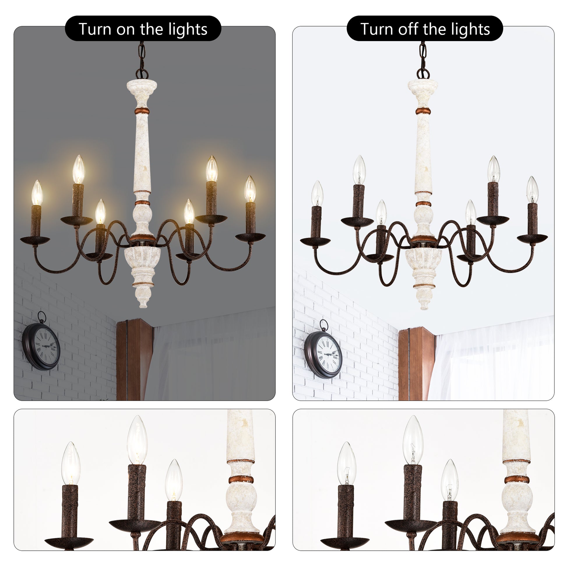 Retro White And Rust Color Chandelier With Light Fixture 6 Light E12 No Include Bulb Pendant Light Fixtures For Dining Room, Lobby, Kitchen, Bedroom, Living Room, Conference Room, Home Office Retro