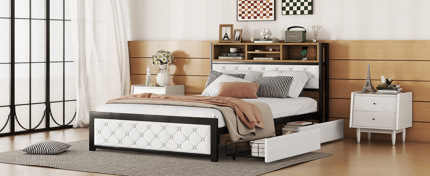 Metal Full Size Platform Bed With 4 Drawers, Upholstered Headboard And Footboard, Sockets And Usb Ports, White Full White Black Fabric Metal