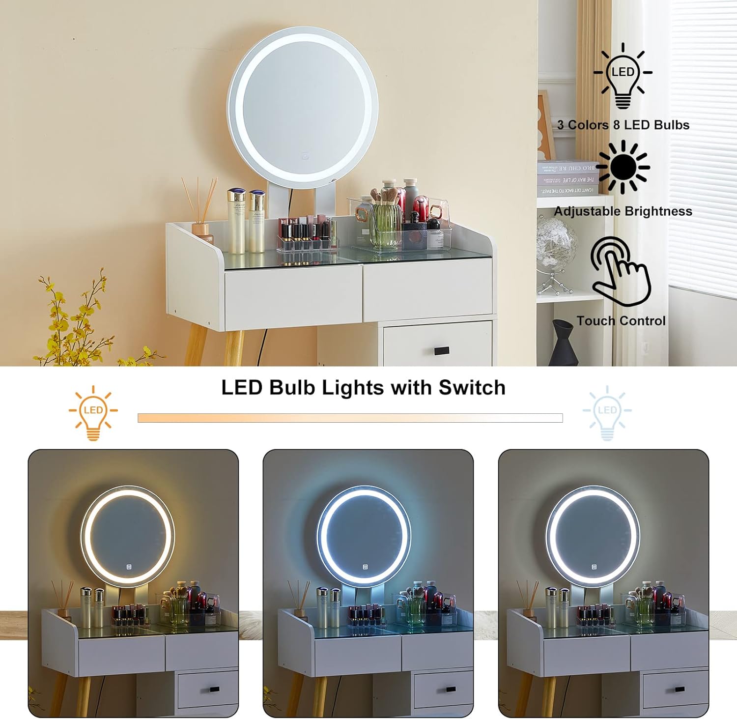 Dressing Table With Led Lights Glass Top Dressing Table With Extendable Side Table 5 Drawers Dressing Table With Mirror And Stool For Bedroom White Dressing Table With Led Lights Glass Top Dressing Table With Extendable Side Table 5 Drawers Dressing Table With Mirror And Stool For Bedroom White