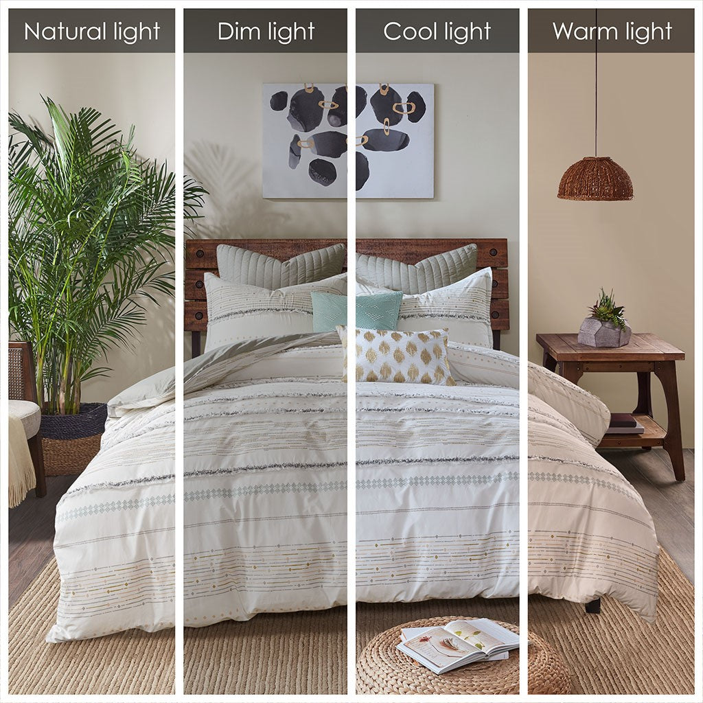 Cotton Printed Comforter Set With Trims Off White Gray King Cal King King Off White Gray Cotton