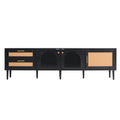 Rattan Tv Stand With 3 Cabinets & 2 Drawers, Rattan Inspired Media Console Table For Tvs Up To 80'', Led Light Entertainment Center, Tv Cabinet For Living Room, Bedroom, Home Theatre Black Primary