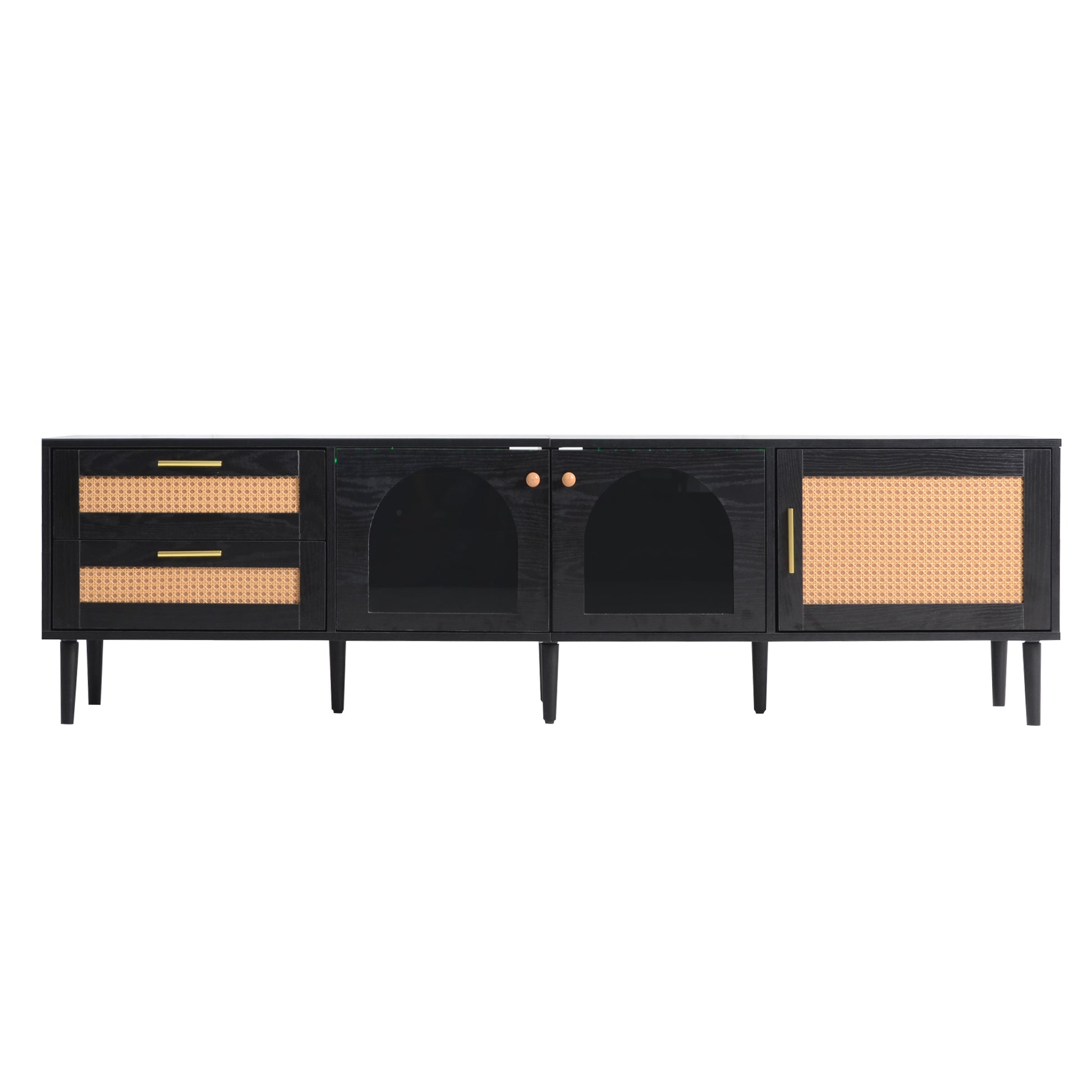 Rattan Tv Stand With 3 Cabinets & 2 Drawers, Rattan Inspired Media Console Table For Tvs Up To 80'', Led Light Entertainment Center, Tv Cabinet For Living Room, Bedroom, Home Theatre Black Primary